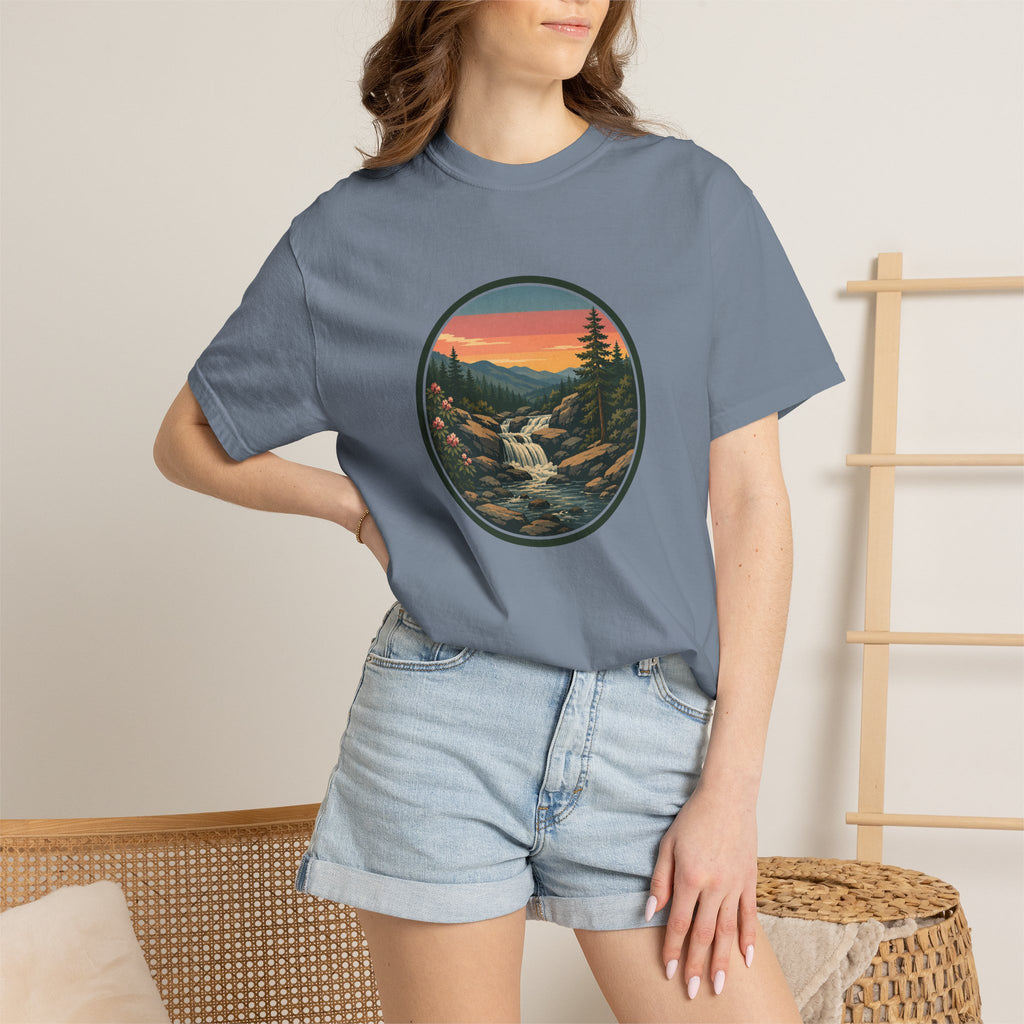 Scenic Waterfall T‑Shirt — Sunset Wilderness Nature Graphic