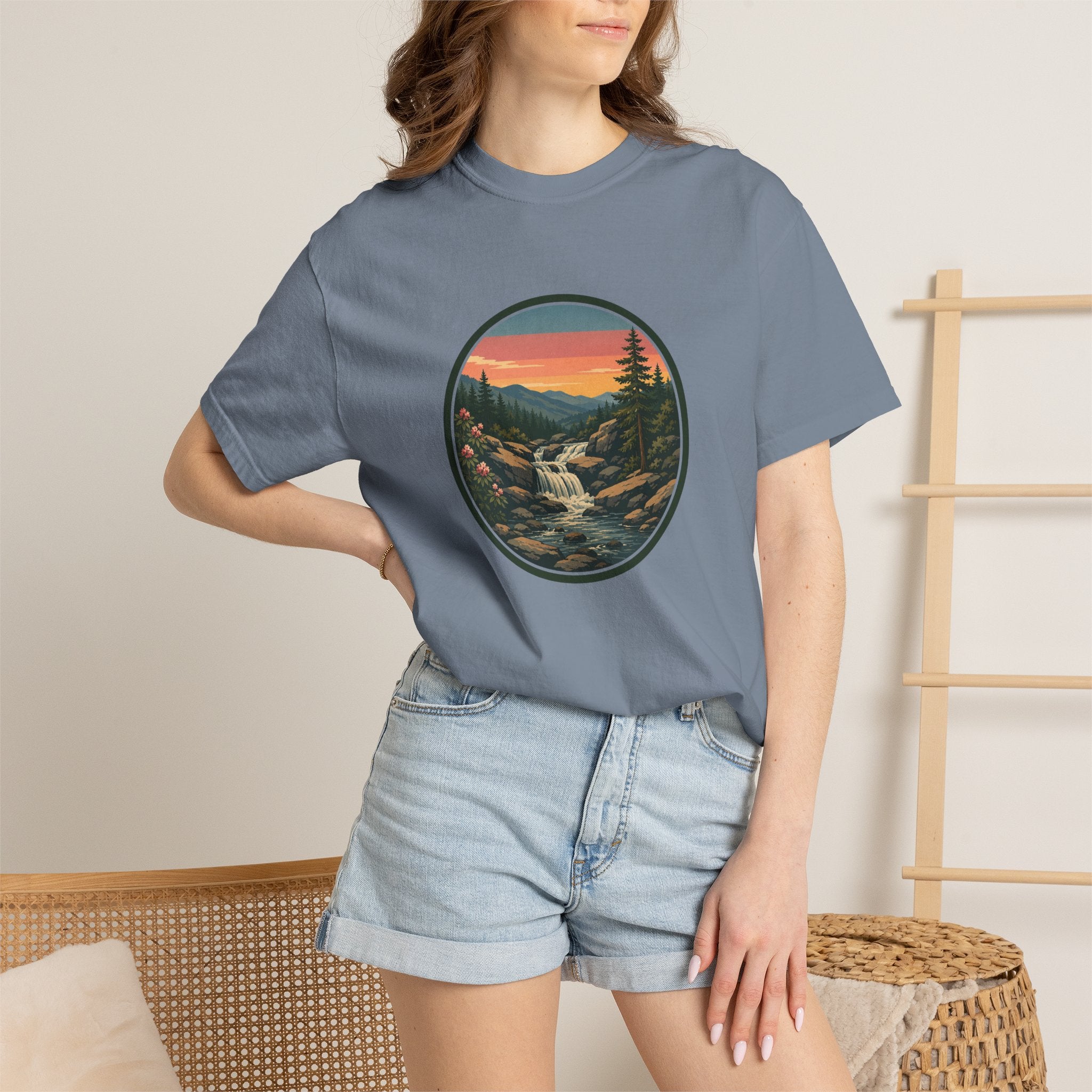 Scenic Waterfall T‑Shirt — Sunset Wilderness Nature Graphic