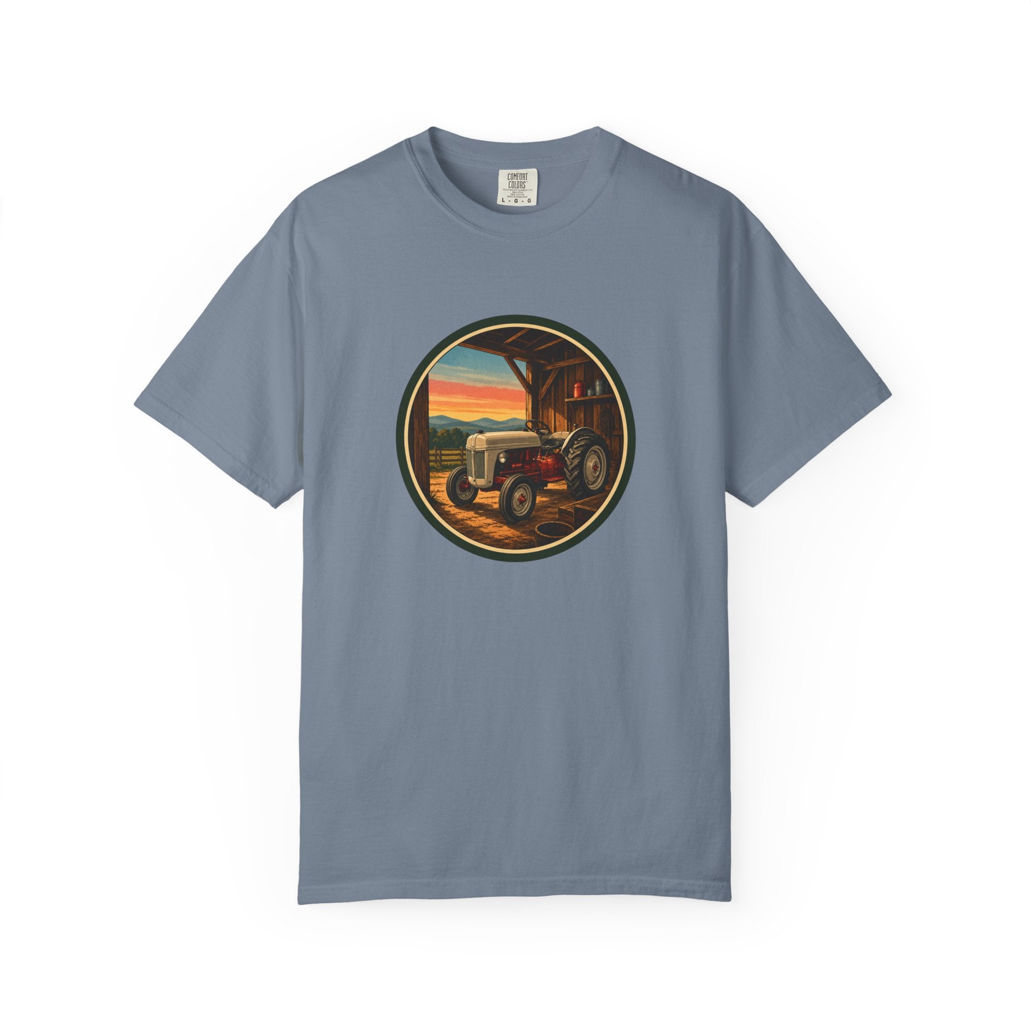 Vintage Tractor Circle T-Shirt — Rustic Farmstead Sunset Tee