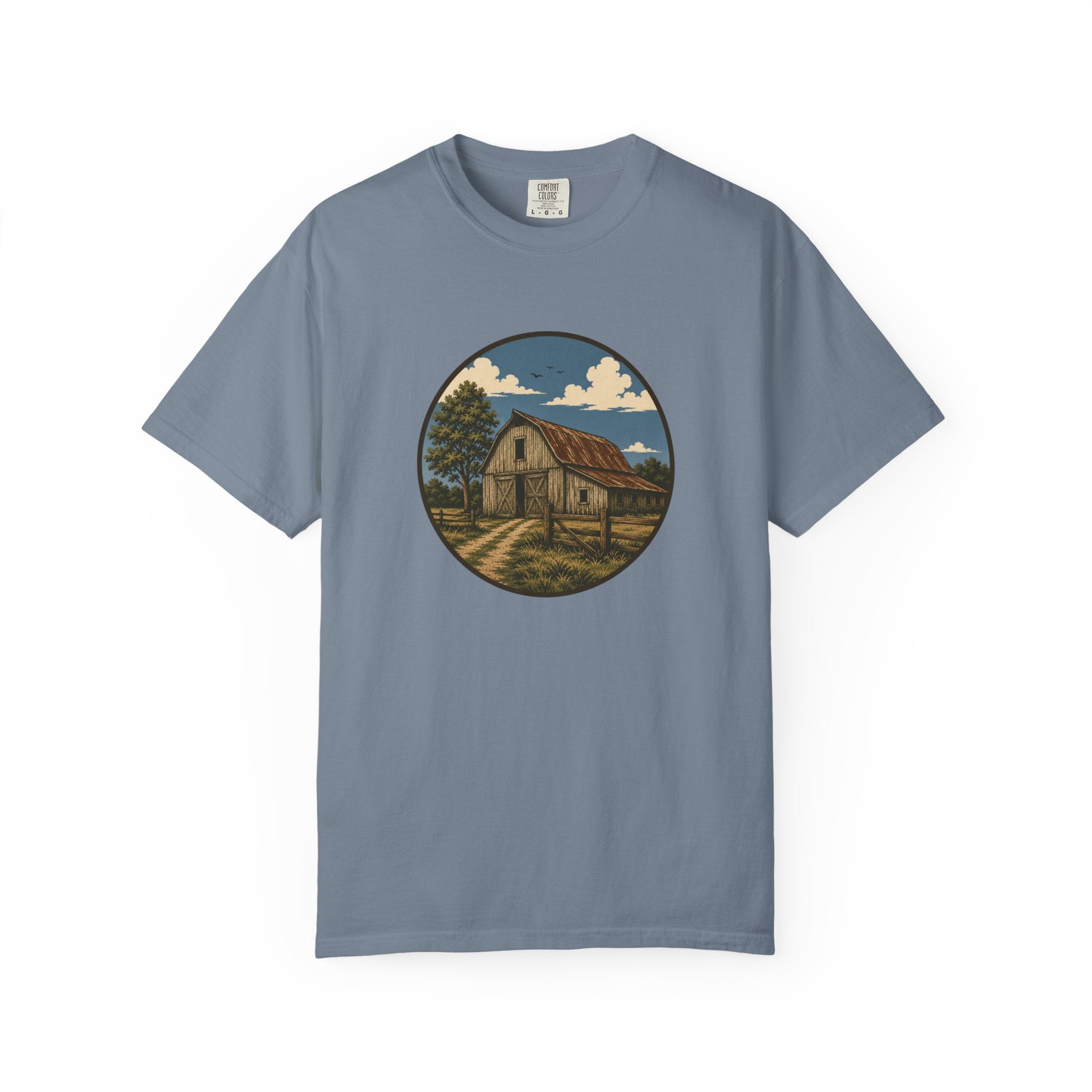 Barn Scene T-Shirt — Rustic Farmhouse Circle Graphic Tee