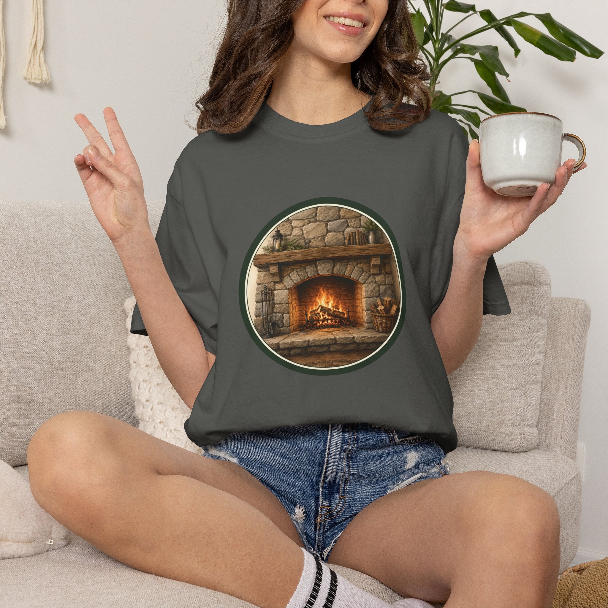 Cozy Fireplace Graphic T-Shirt — Vintage Hearth Circle Design