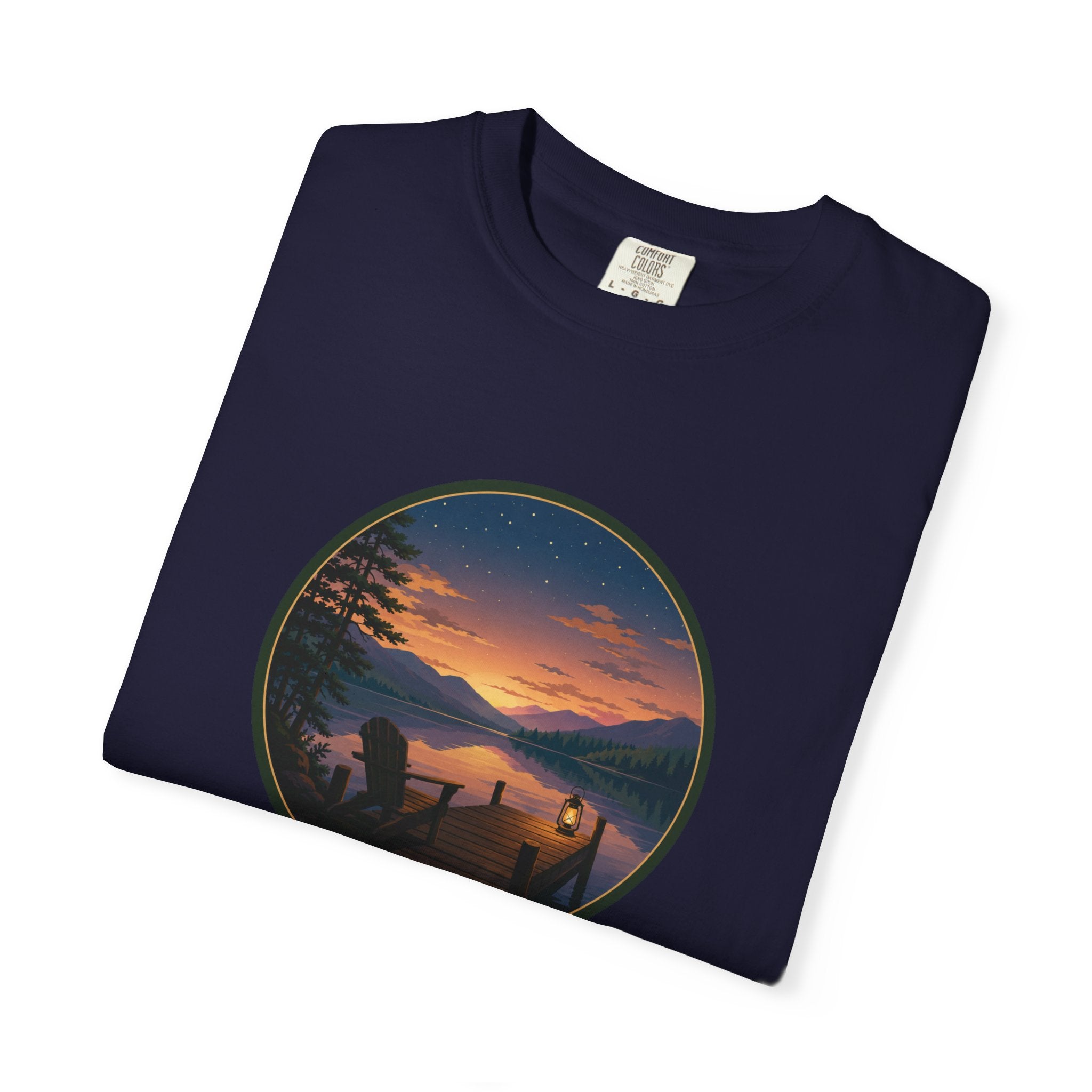 Sunset Lake Camping T-Shirt — Scenic Mountain Lantern Graphic