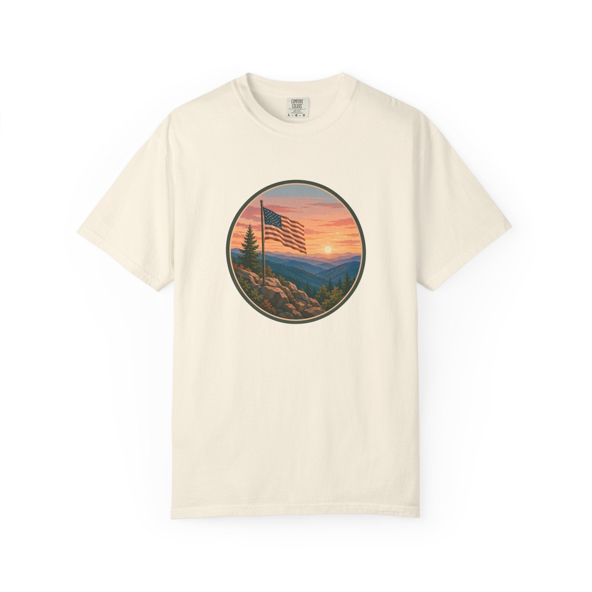 Flag Over Blue Ridge Mountains T-Shirt — Scenic Sunset American Flag Graphic Tee