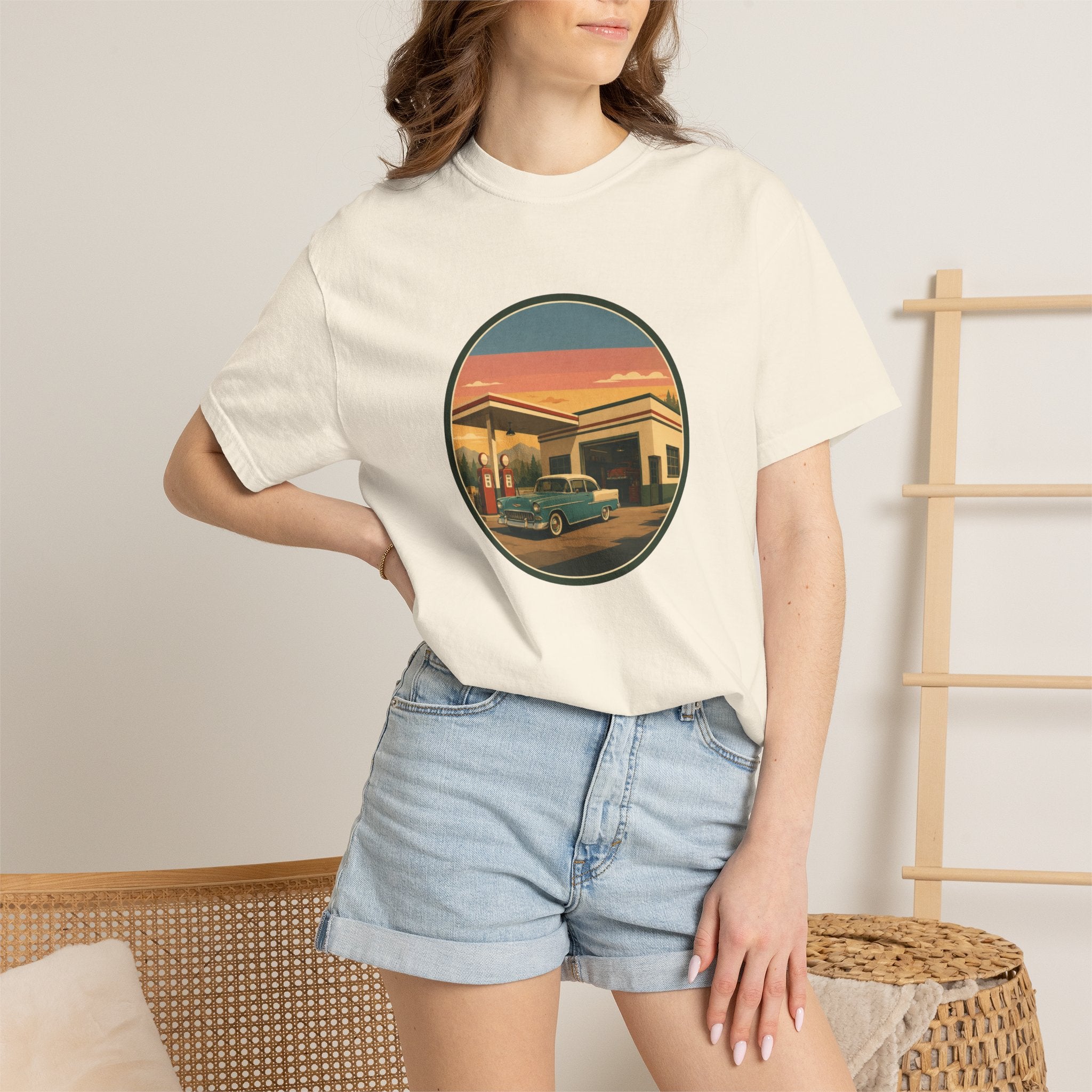 Retro Gas Station T-Shirt — Vintage Sunset Roadside Design