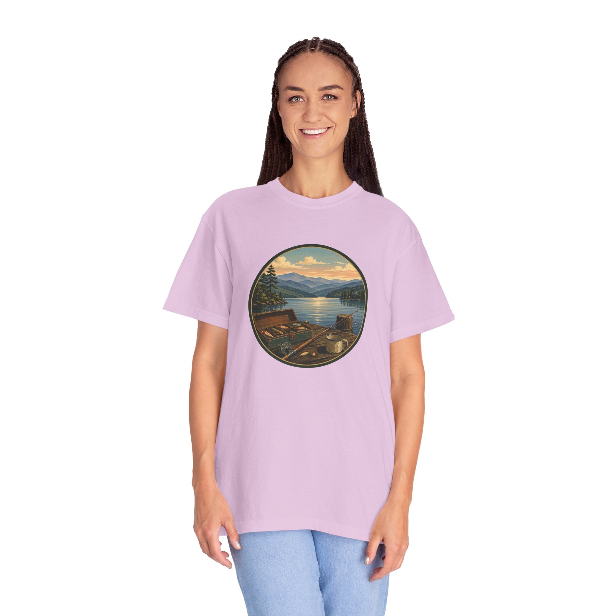 Vintage Fishing Tackle T-Shirt — Mountain View Dock Scene Tee