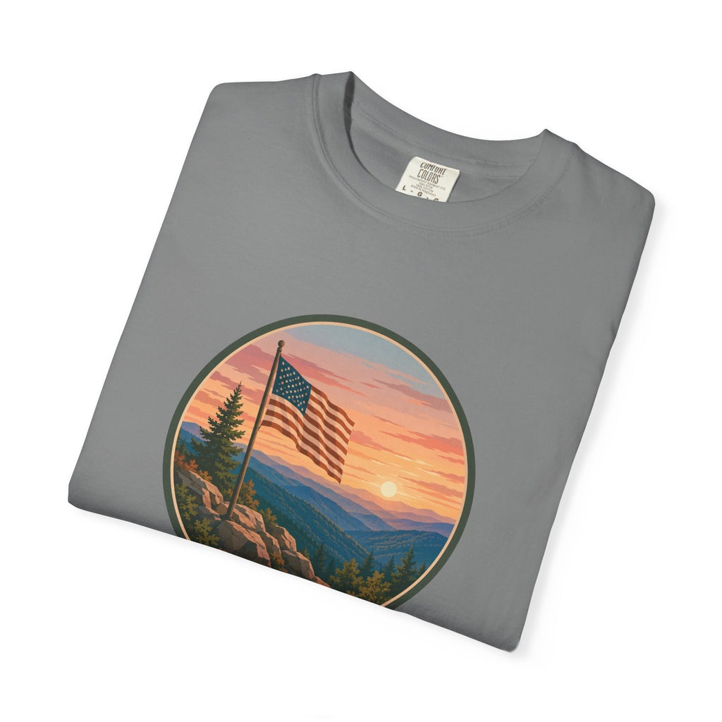 Flag Over Blue Ridge Mountains T-Shirt — Scenic Sunset American Flag Graphic Tee