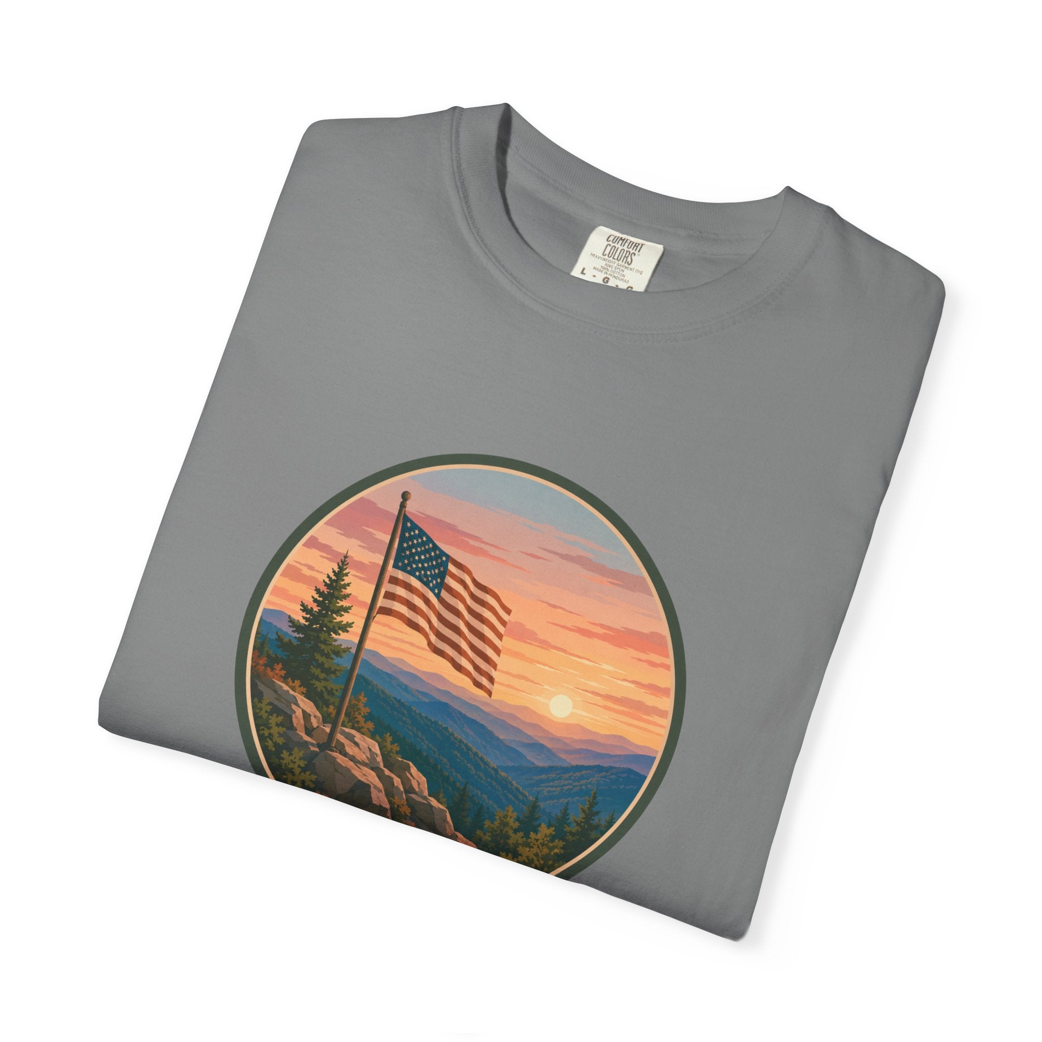 Flag Over Blue Ridge Mountains T-Shirt — Scenic Sunset American Flag Graphic Tee