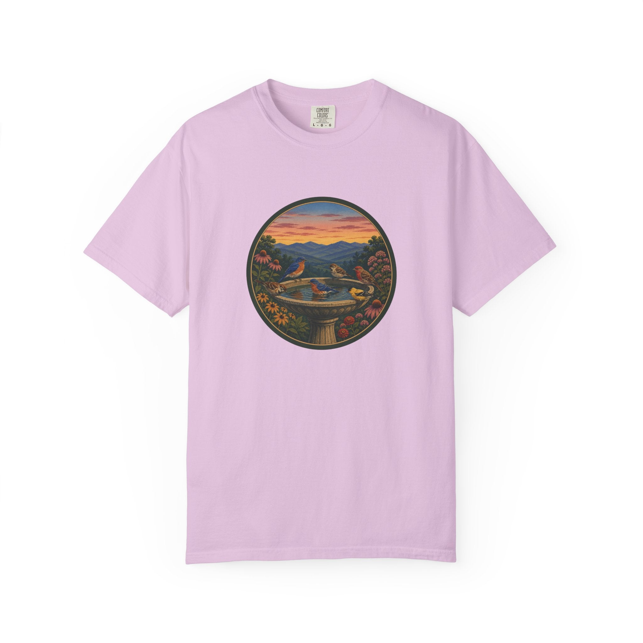 Sunset Garden Tee — Vintage Birdbath Landscape T-Shirt