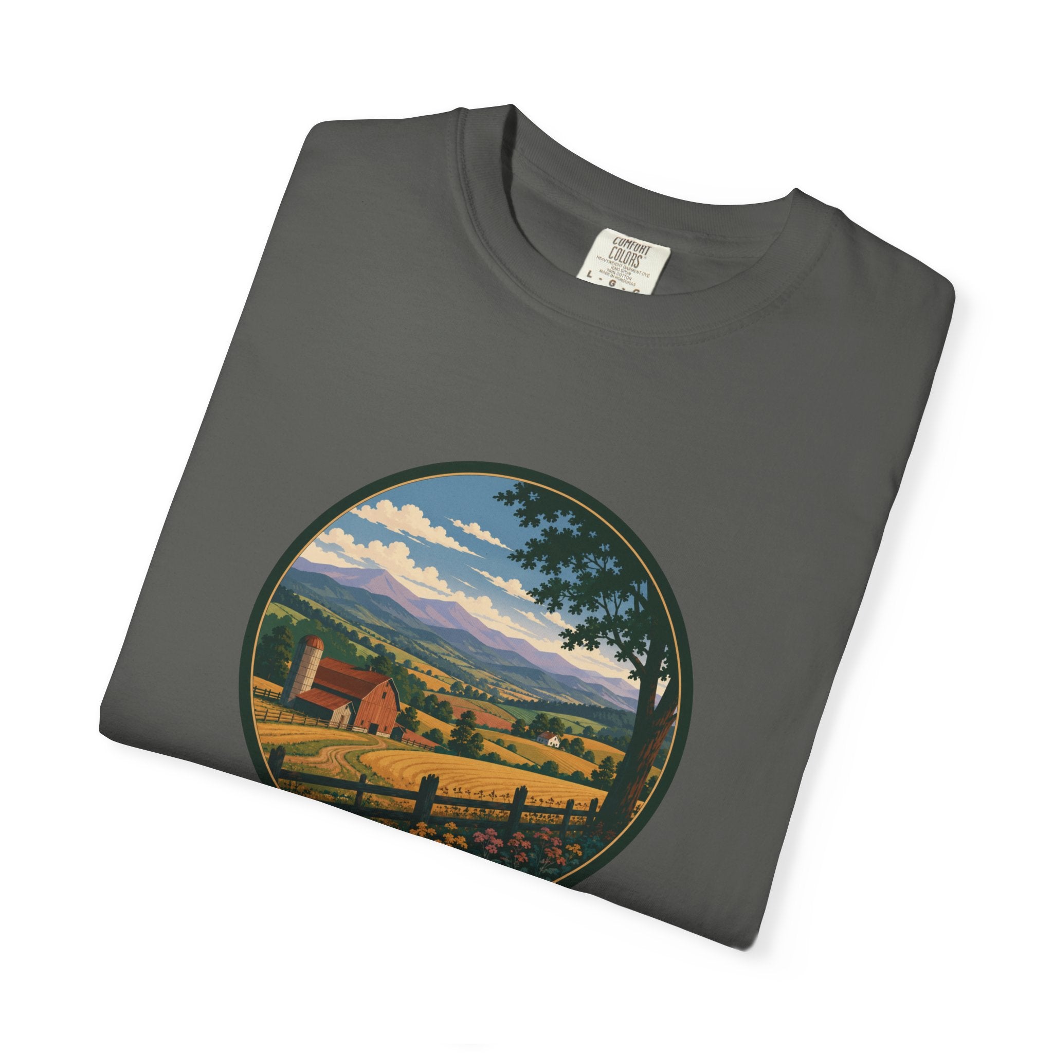 Scenic Countryside T-Shirt — Vintage Farm Landscape Graphic
