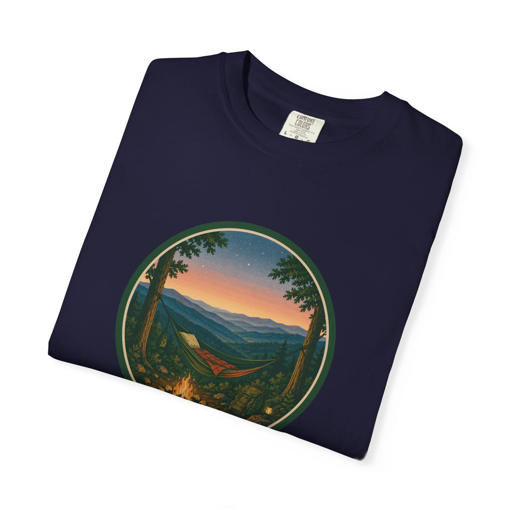 Campfire Mountain Sunset T-Shirt — Scenic Hiking Adventure Tee