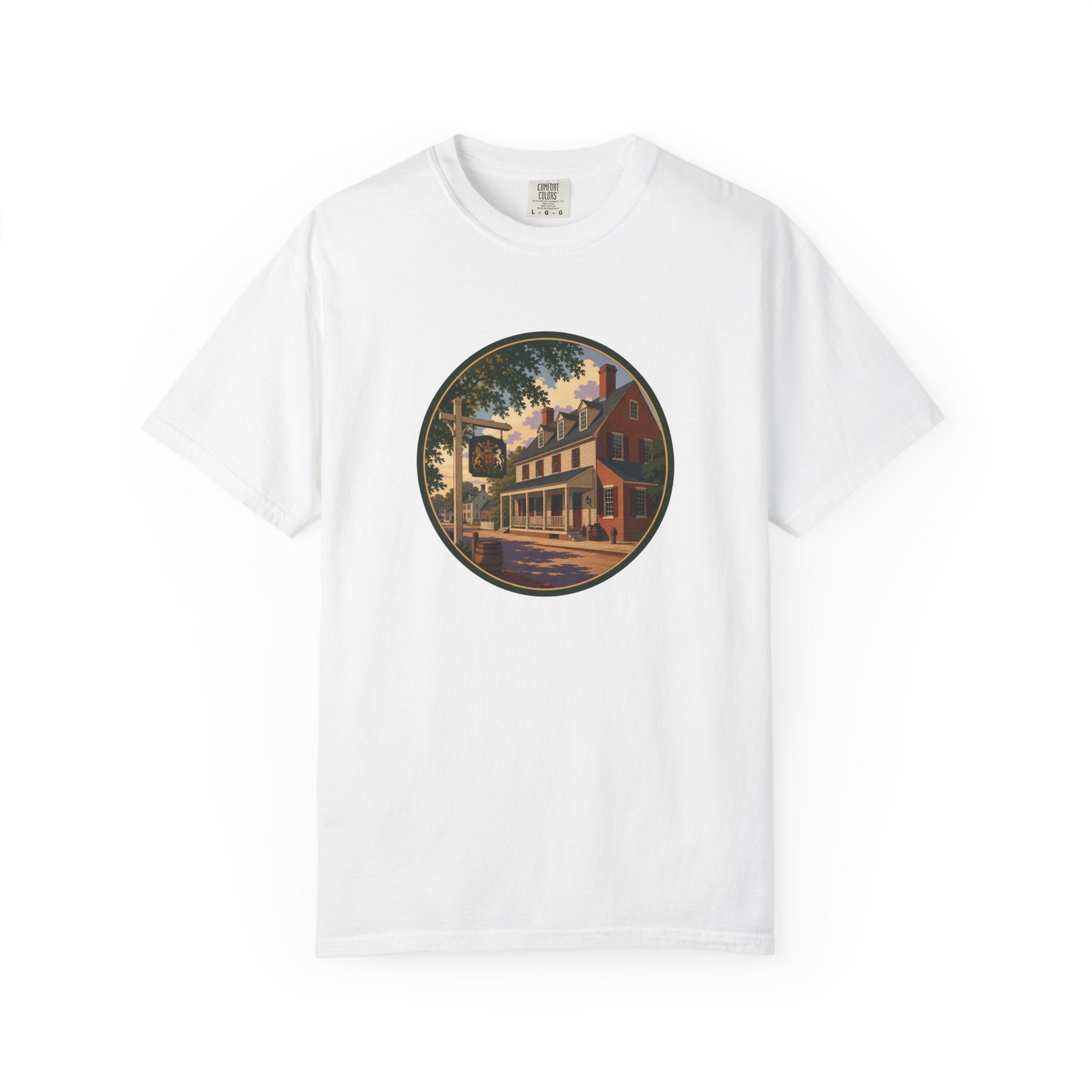 Historic Main Street Tavern T-Shirt — Colonial Village Scene Tee