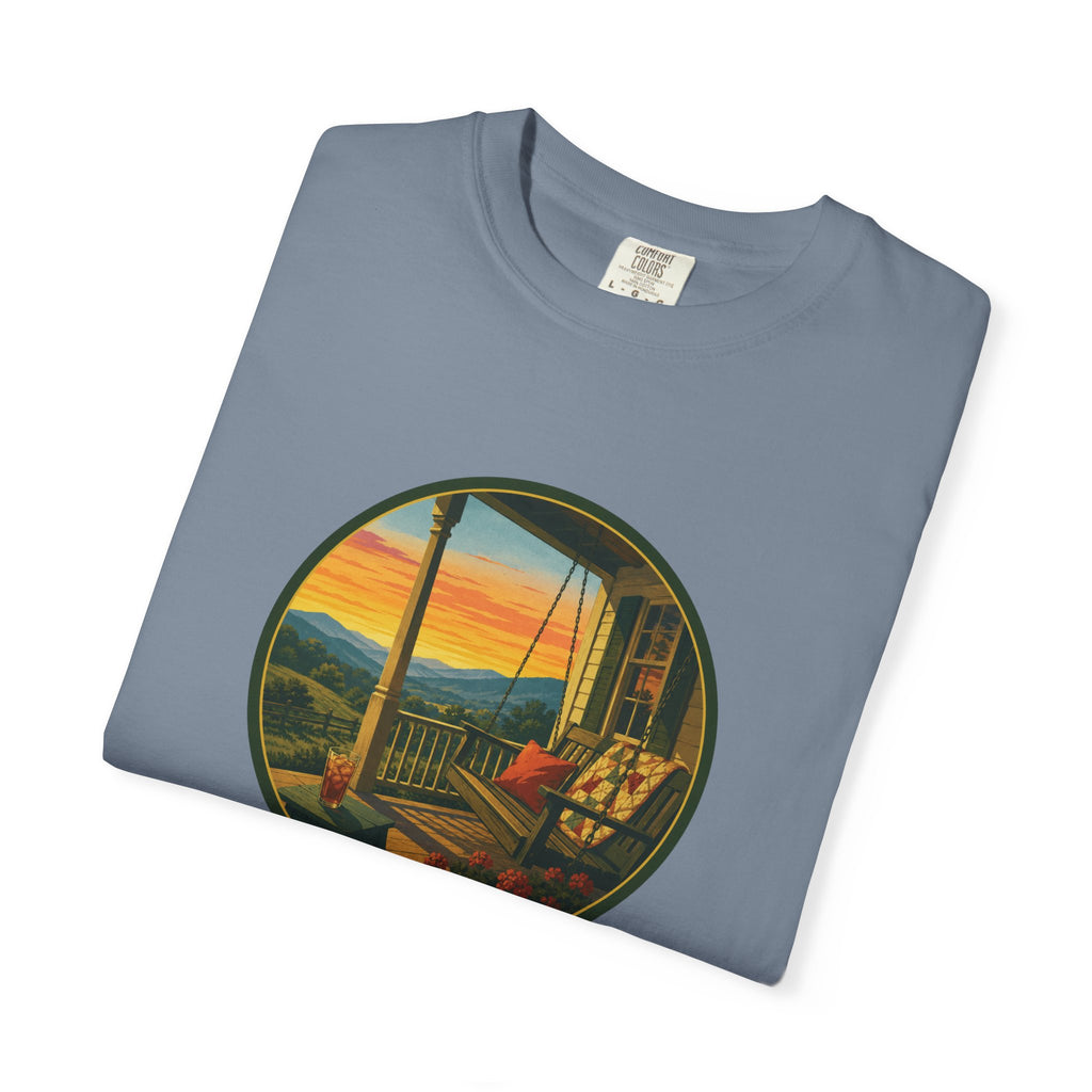 Sunset Porch Circle T-Shirt — Scenic Porch Swing Graphic Tee