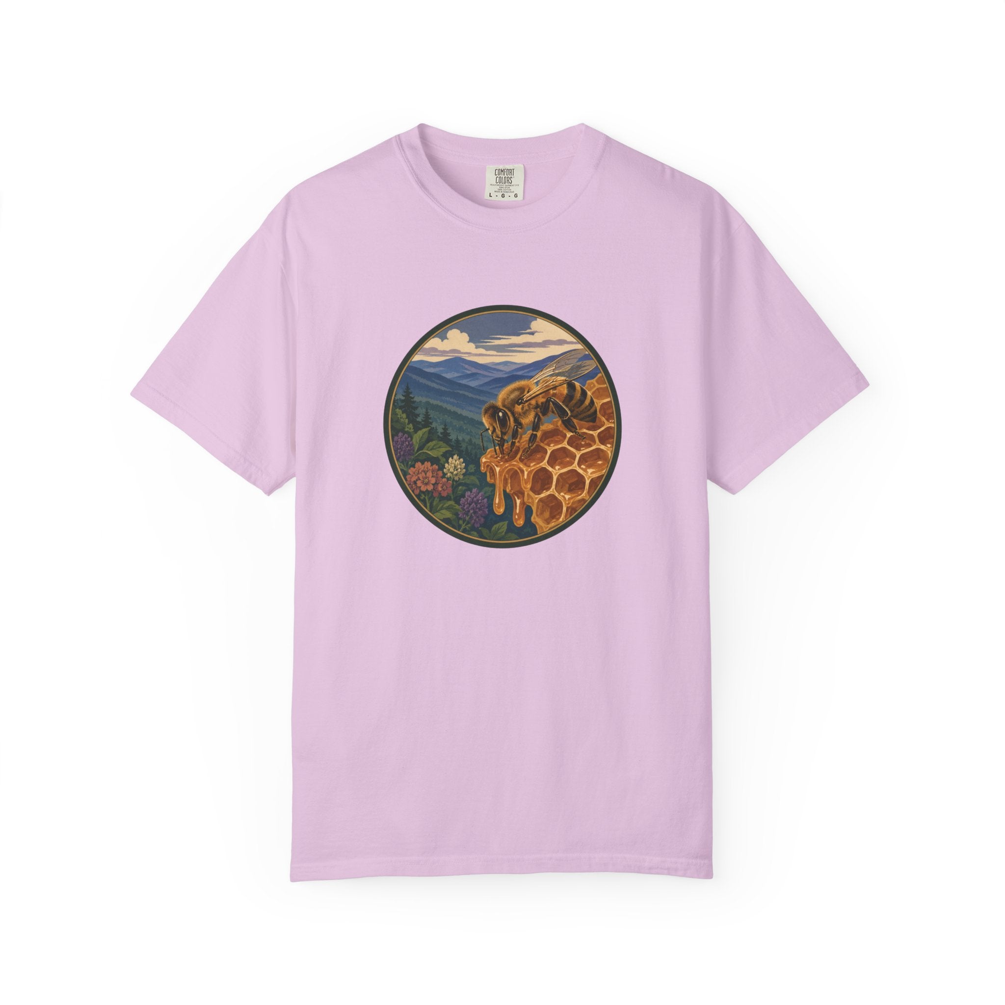 Honey Bee & Mountains Graphic T-Shirt — Honeycomb Nature Illustration
