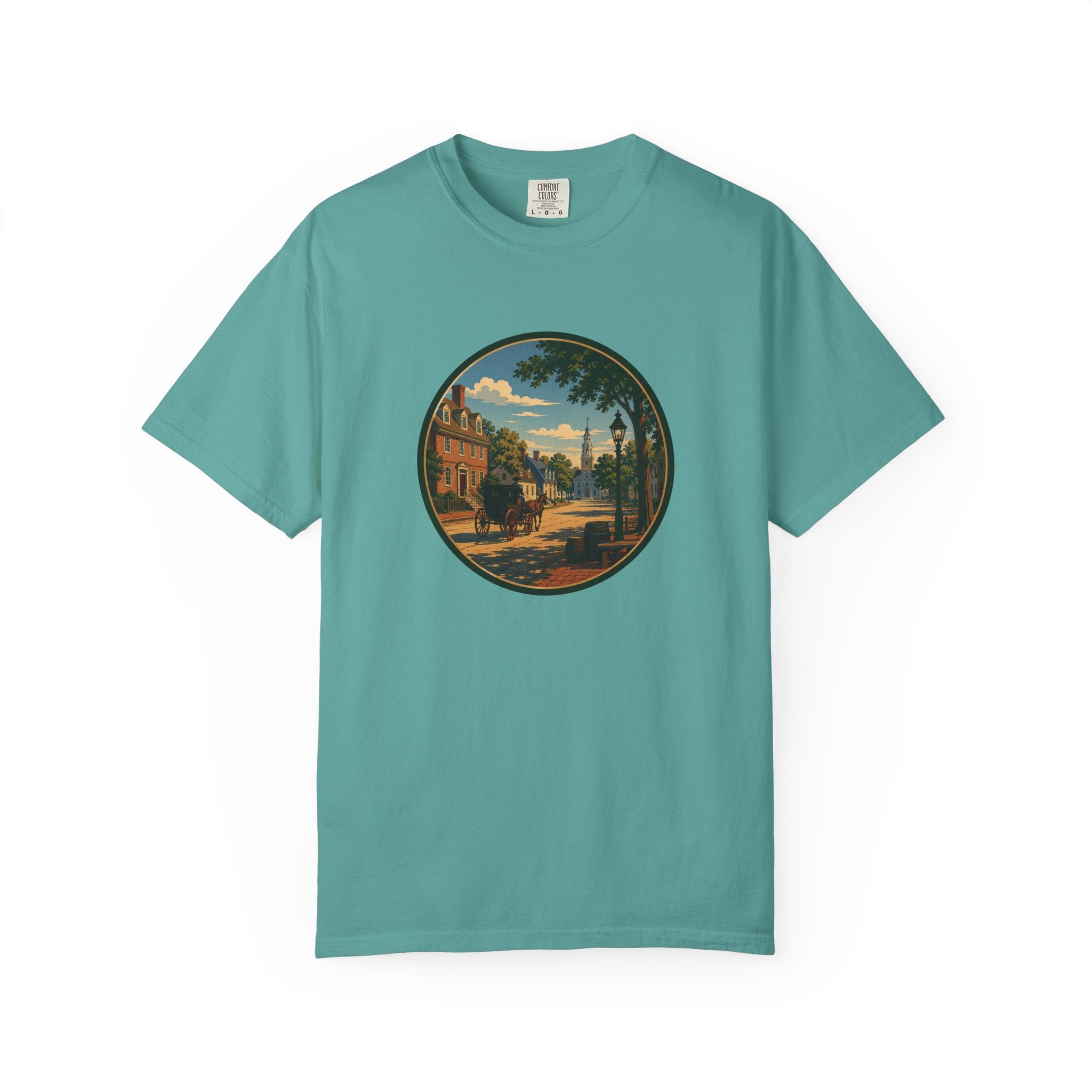 Colonial Carriage Ride T-Shirt — Retro Scenic Circle Print