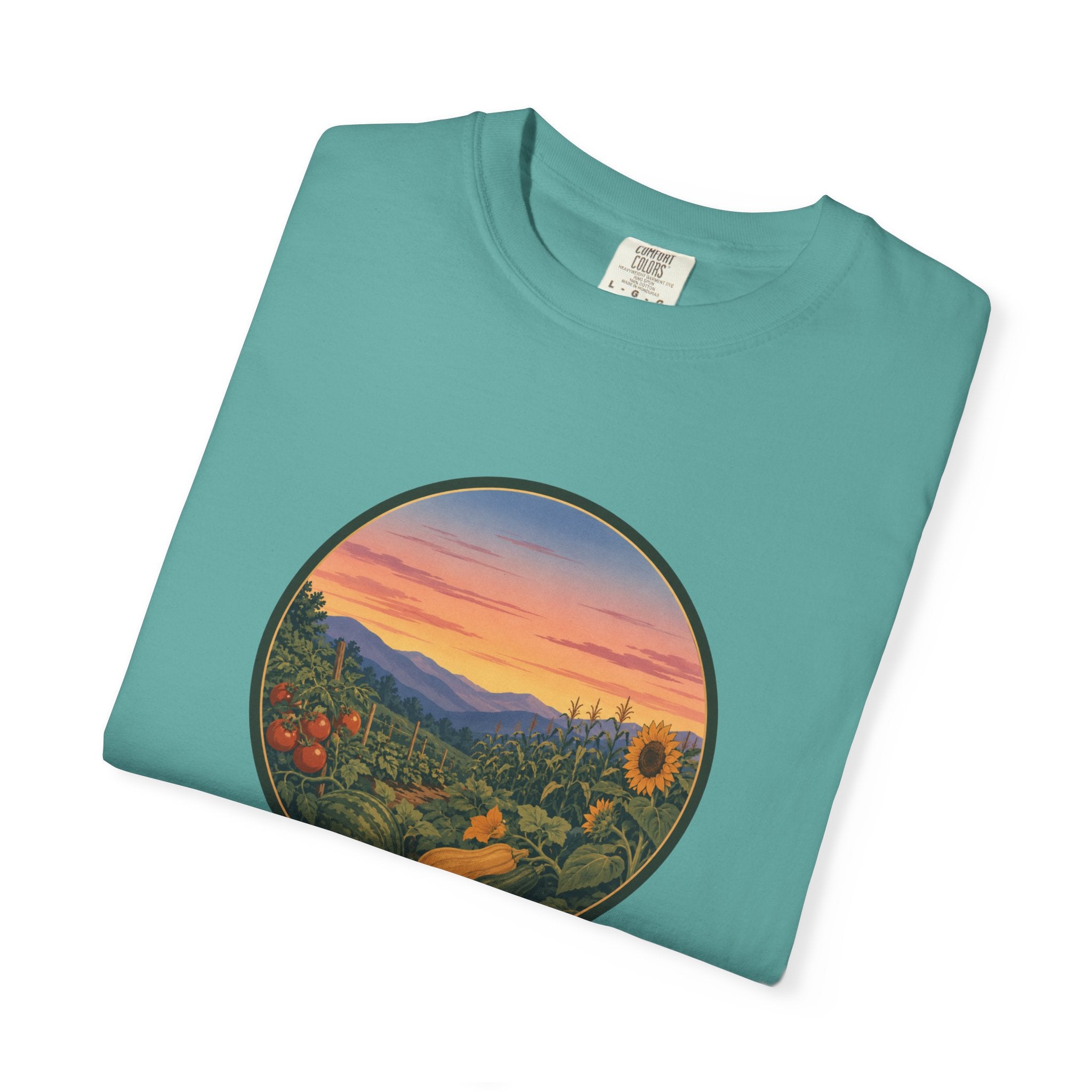 Sunset Mountain Garden T-Shirt — Scenic Fresh Vegetables Landscape Tee