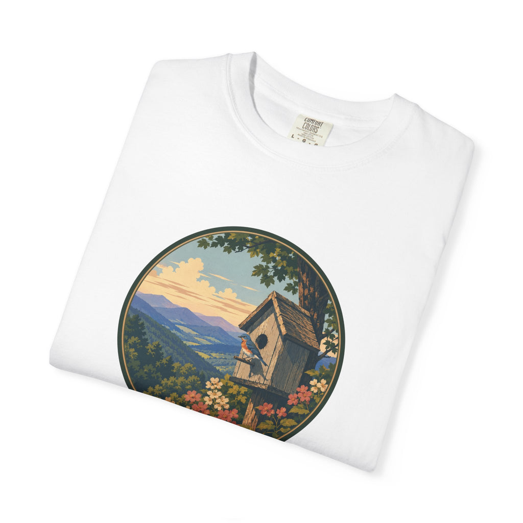 Scenic Birdhouse Tee — Mountain Sunrise Nature T-Shirt
