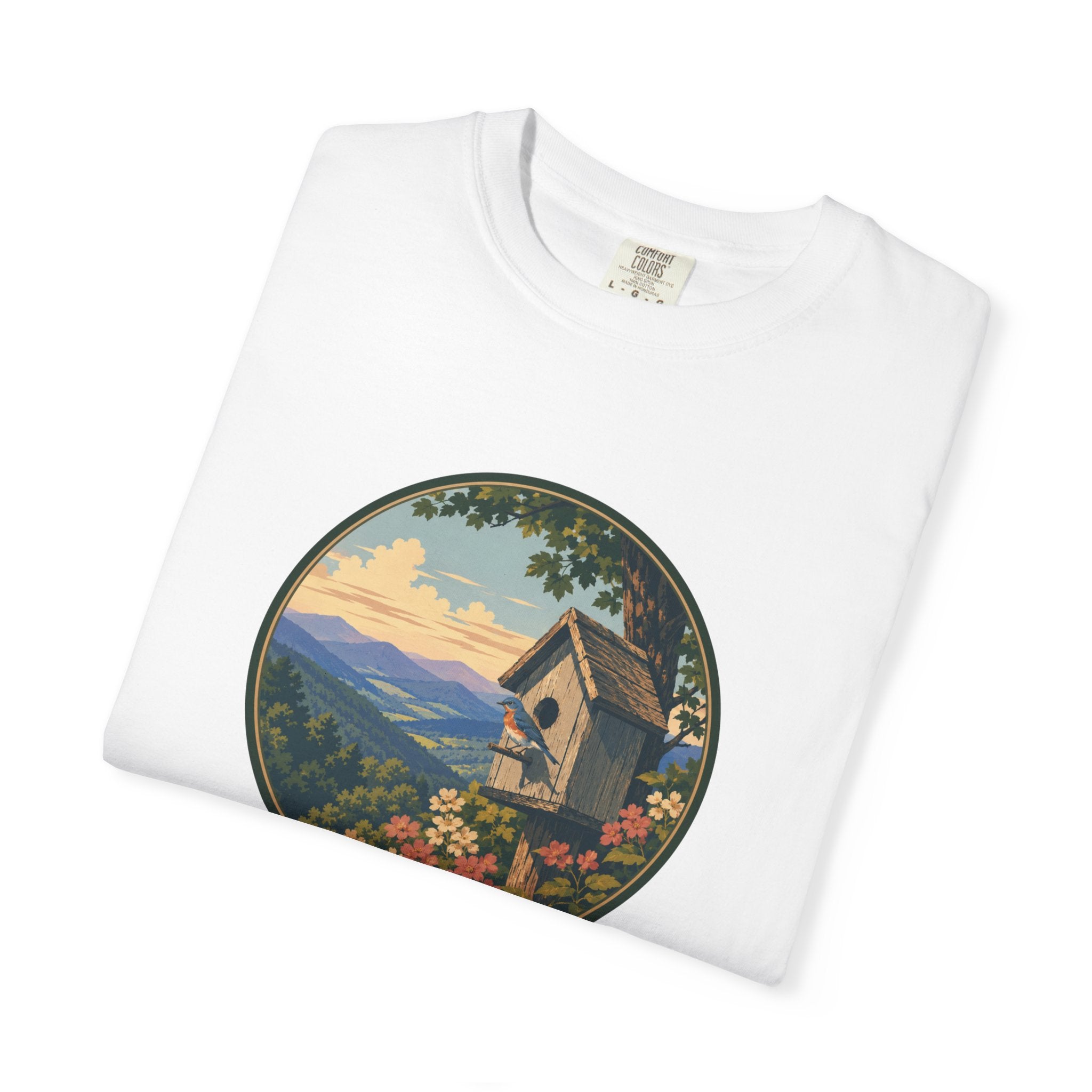 Scenic Birdhouse Tee — Mountain Sunrise Nature T-Shirt