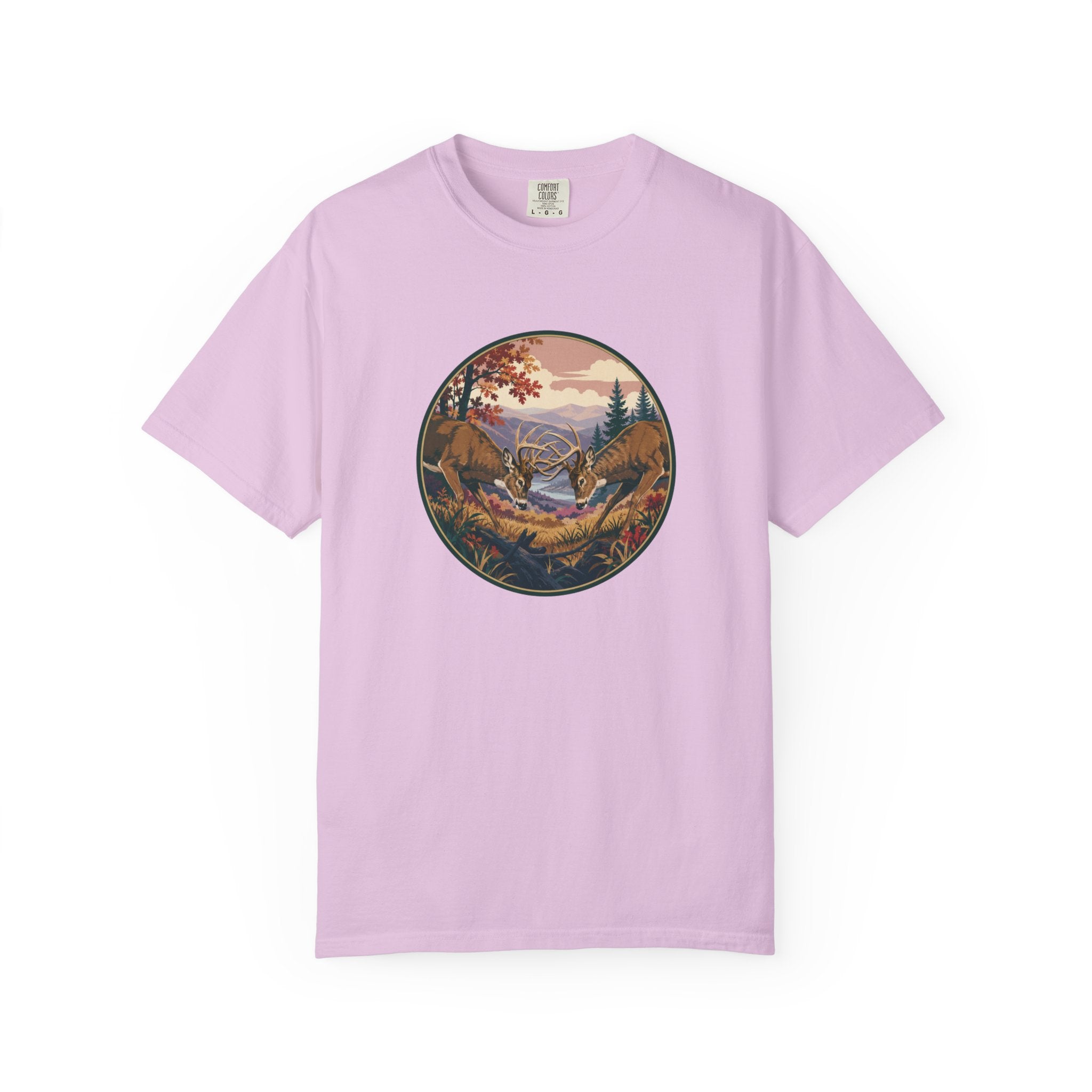 Scenic Wilderness Circle T-Shirt — Mountain Camping & Deer Nature Graphic