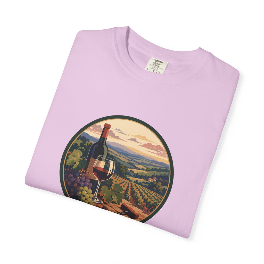 Wine Country Scenic T-Shirt – Vineyard Bottle & Sunset Graphic