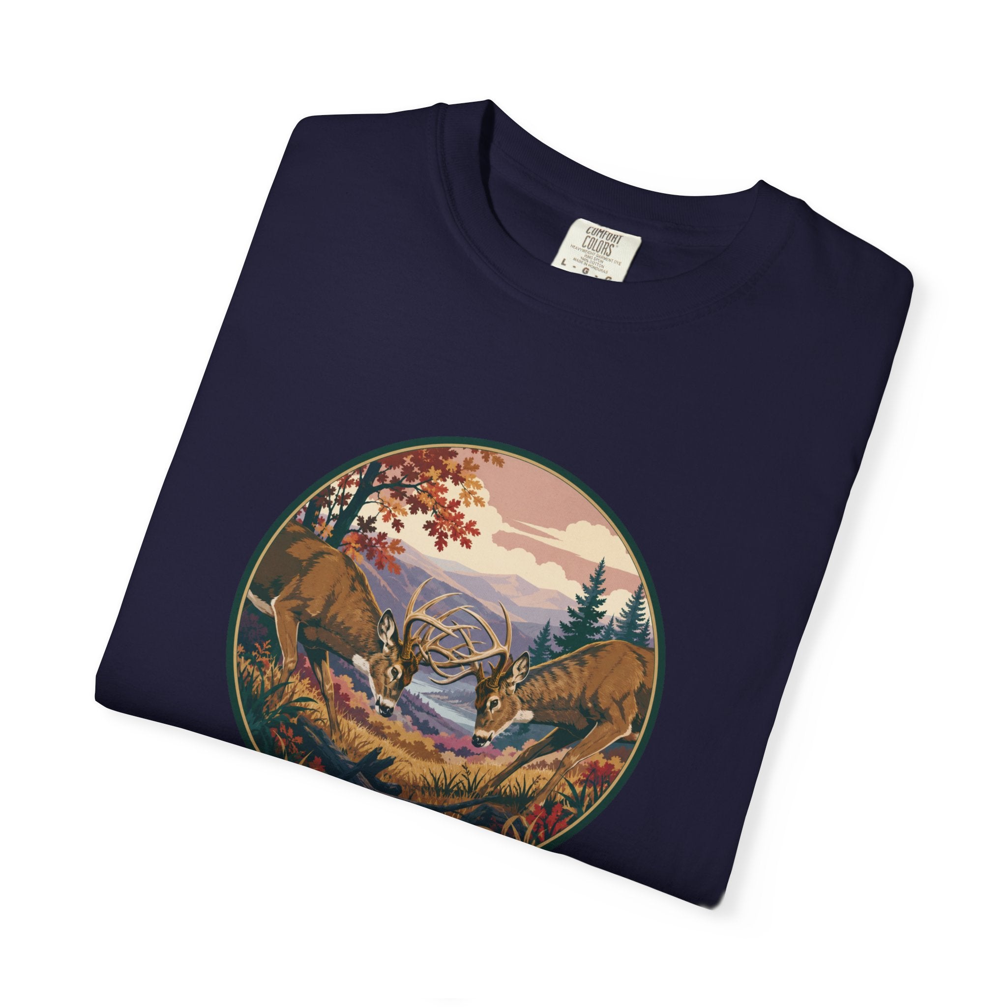 Scenic Wilderness Circle T-Shirt — Mountain Camping & Deer Nature Graphic