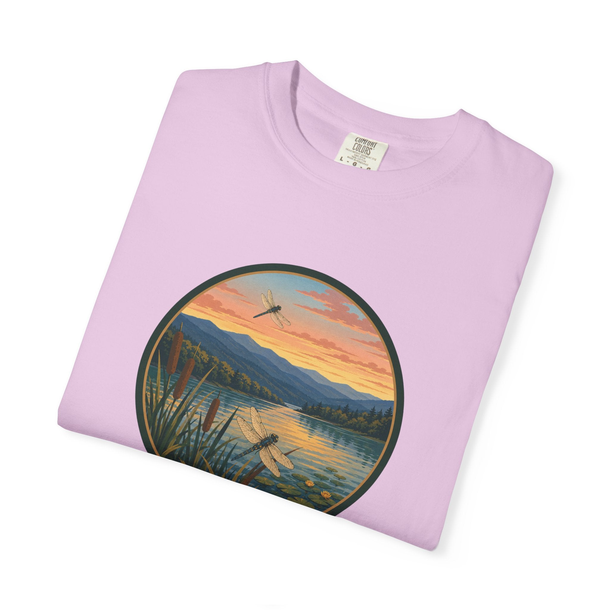 Dragonfly Sunset Lake Scene T-Shirt — Scenic Mountain Nature Tee