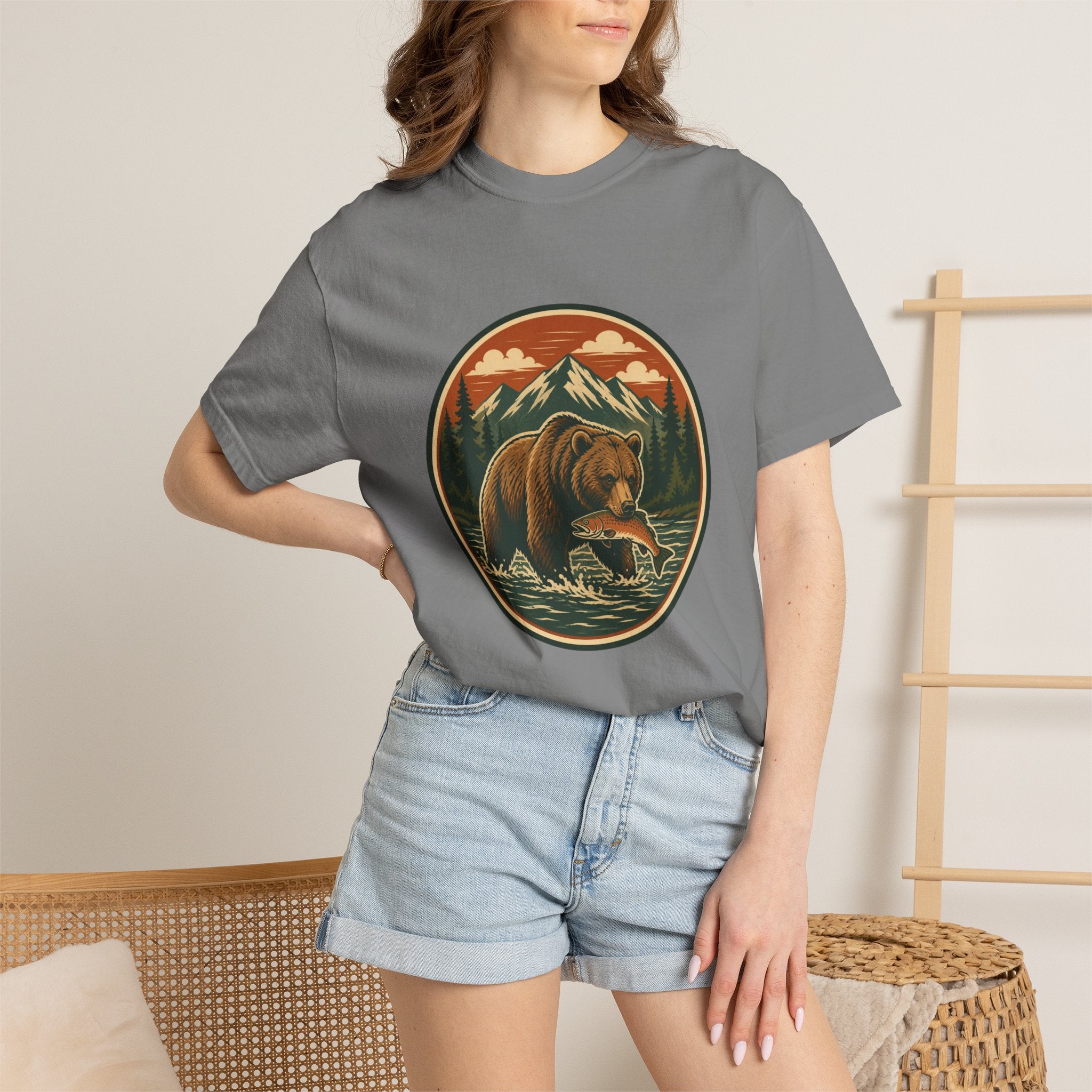 Bear Fishing Mountain T-Shirt — Retro Wilderness Outdoor Graphic Tee