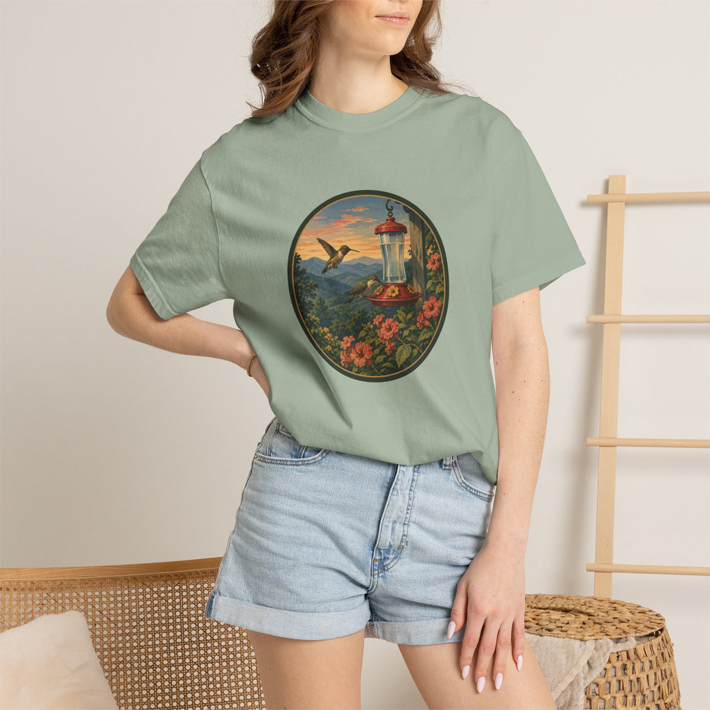 Hummingbird Sunset T-Shirt — Vintage Floral Graphic Tee
