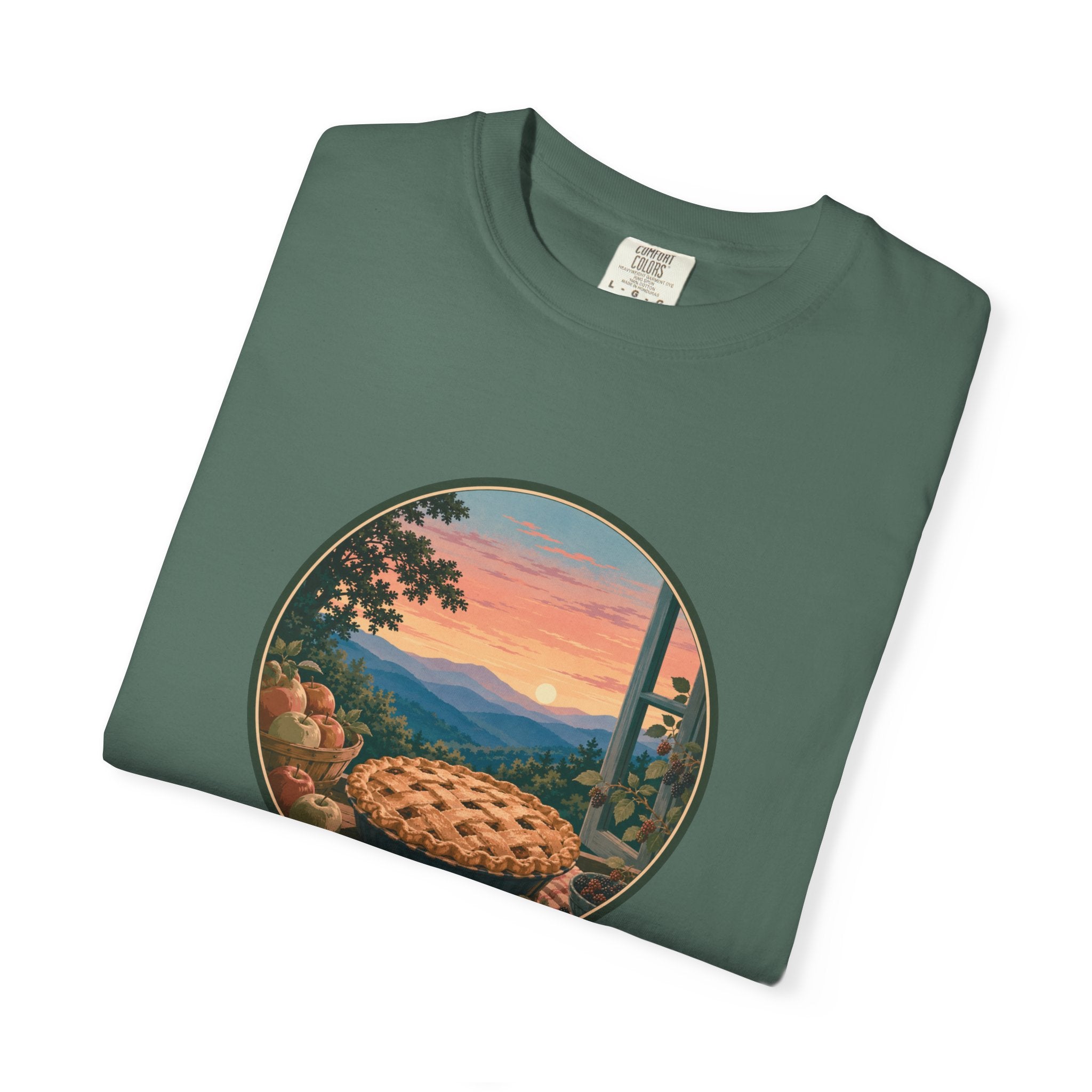 Scenic Pie Window T-Shirt — Sunset Mountain View Graphic Tee
