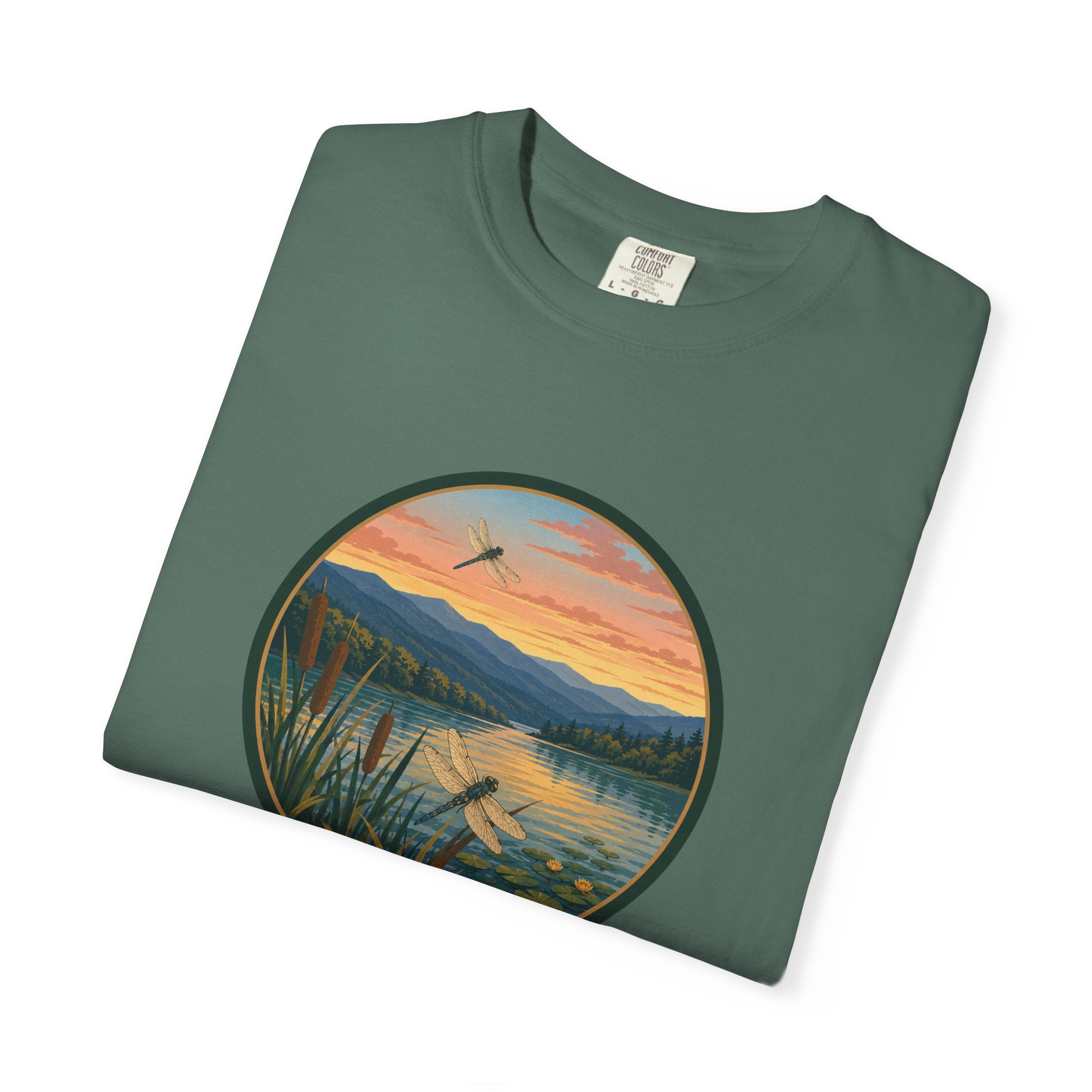 Dragonfly Sunset Lake Scene T-Shirt — Scenic Mountain Nature Tee