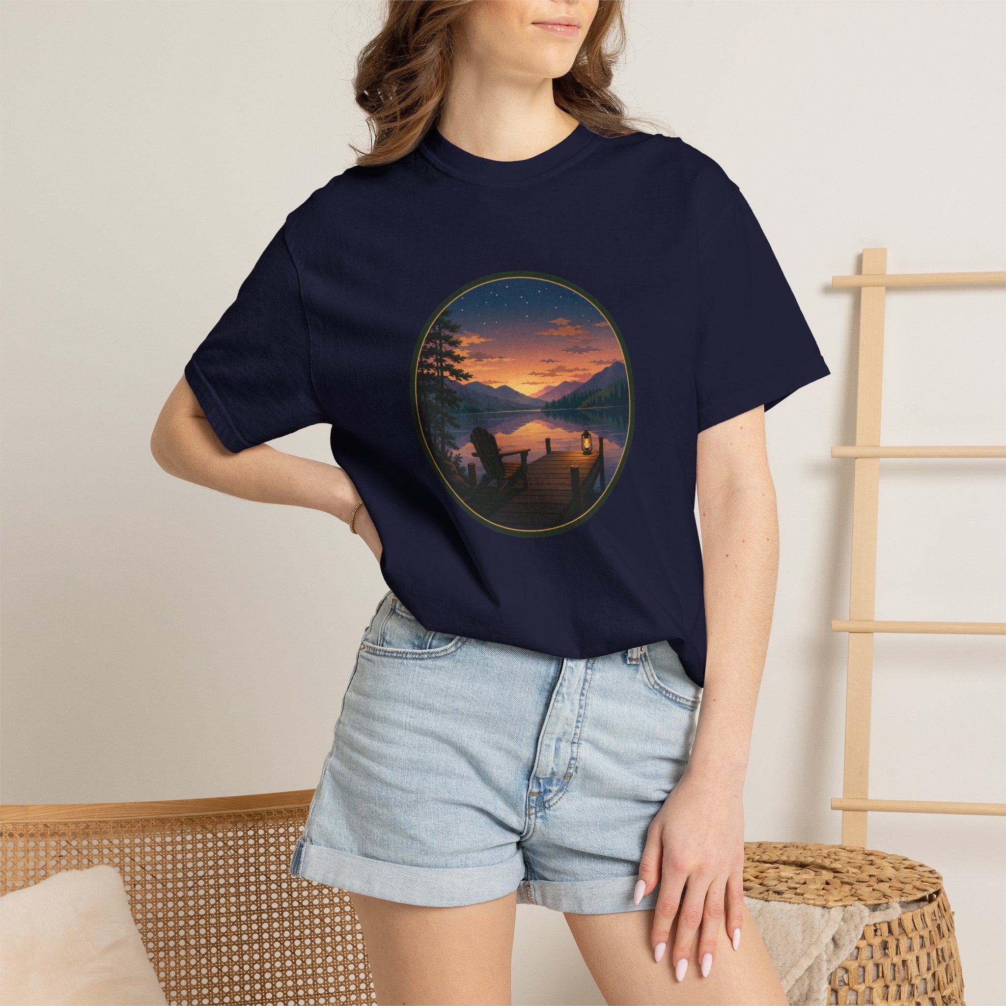 Sunset Lake Camping T-Shirt — Scenic Mountain Lantern Graphic