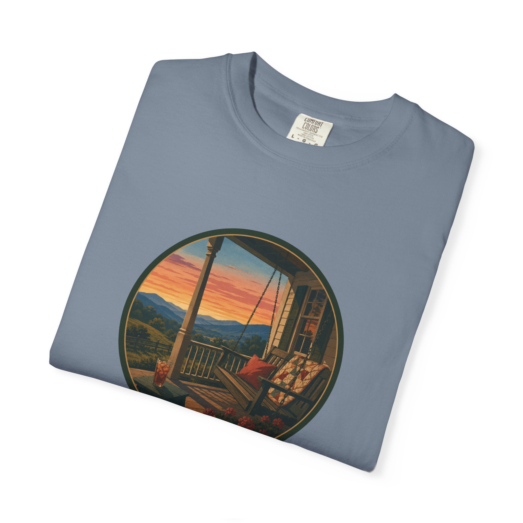 Sunset Porch Circle T-Shirt — Scenic Porch Swing Graphic Tee