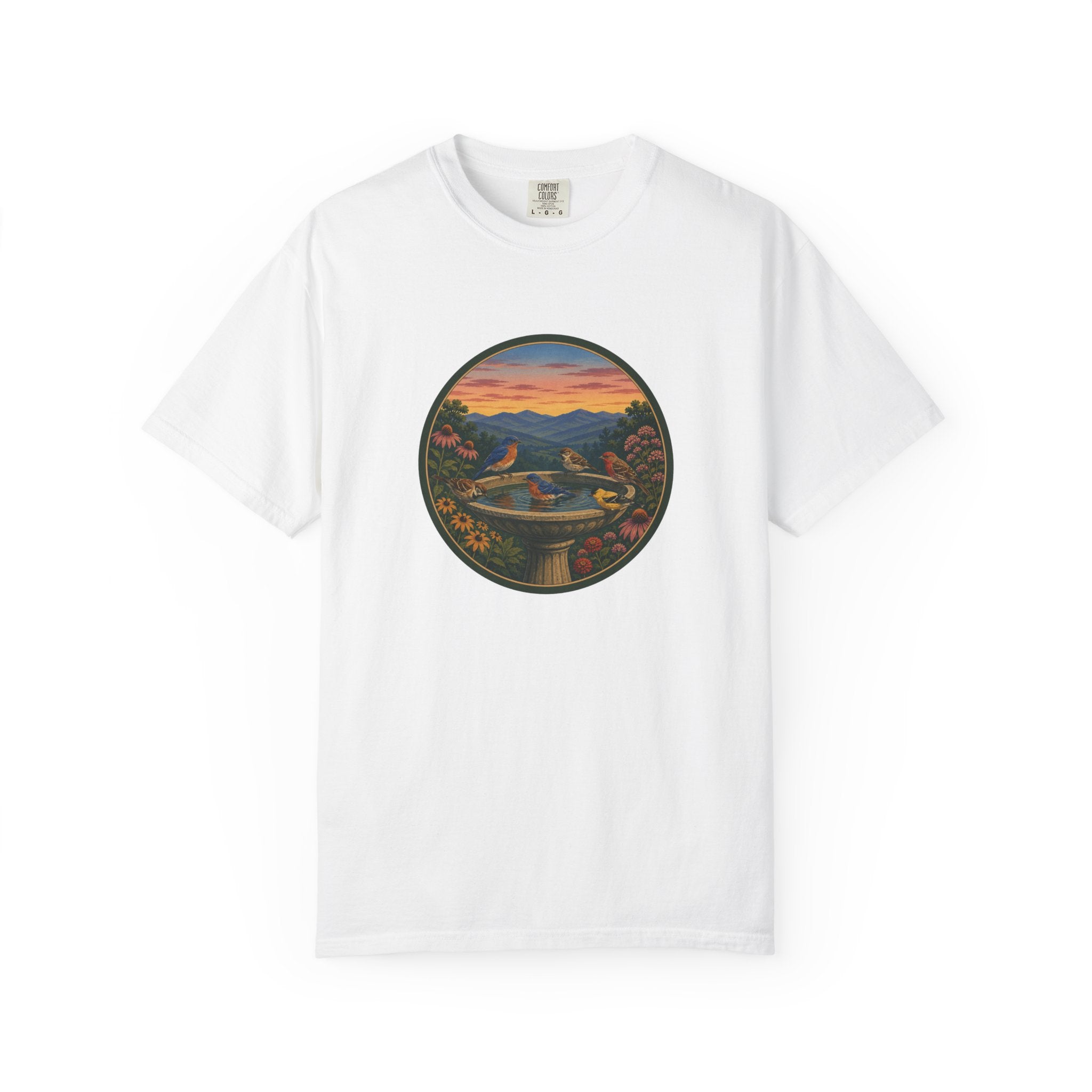 Sunset Garden Tee — Vintage Birdbath Landscape T-Shirt