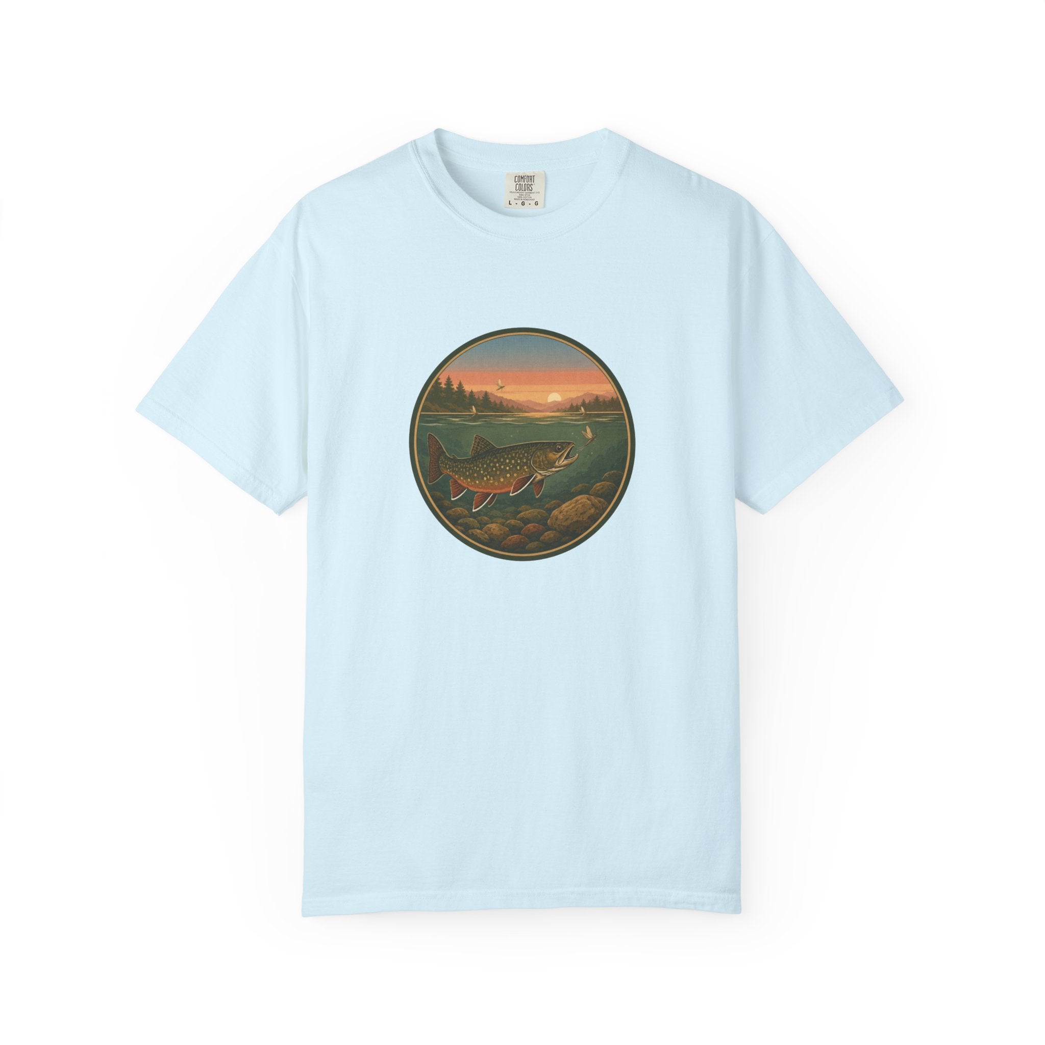 Brook Trout Sunset Fishing T-Shirt — Vintage River Scene Tee
