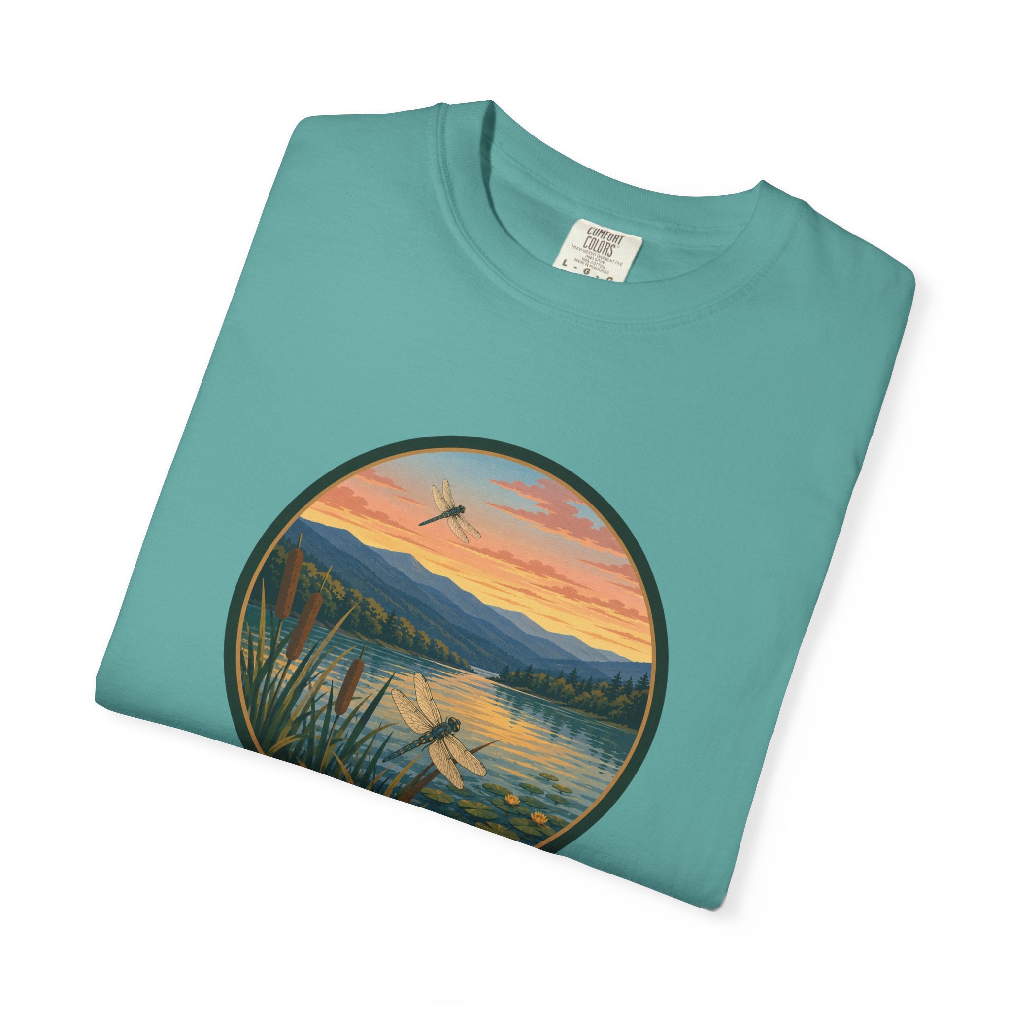 Dragonfly Sunset Lake Scene T-Shirt — Scenic Mountain Nature Tee