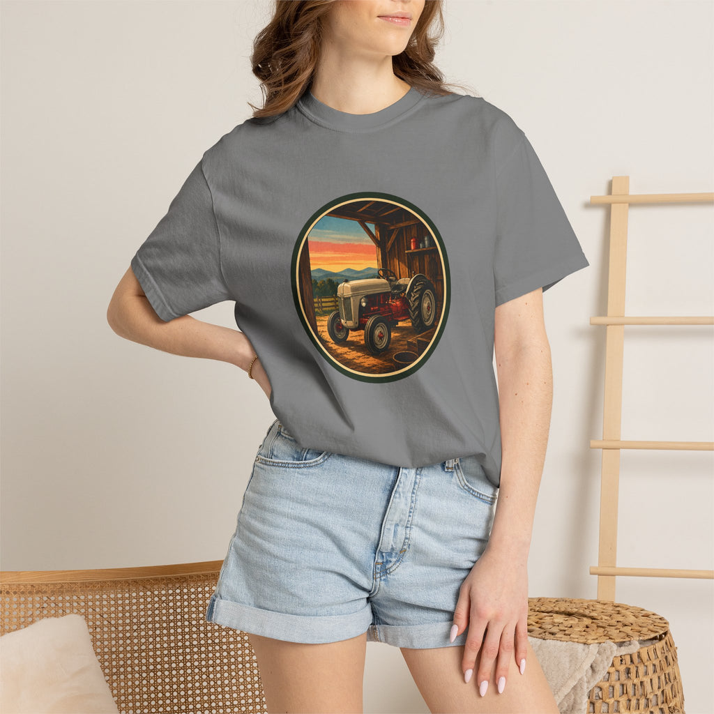 Vintage Tractor Circle T-Shirt — Rustic Farmstead Sunset Tee