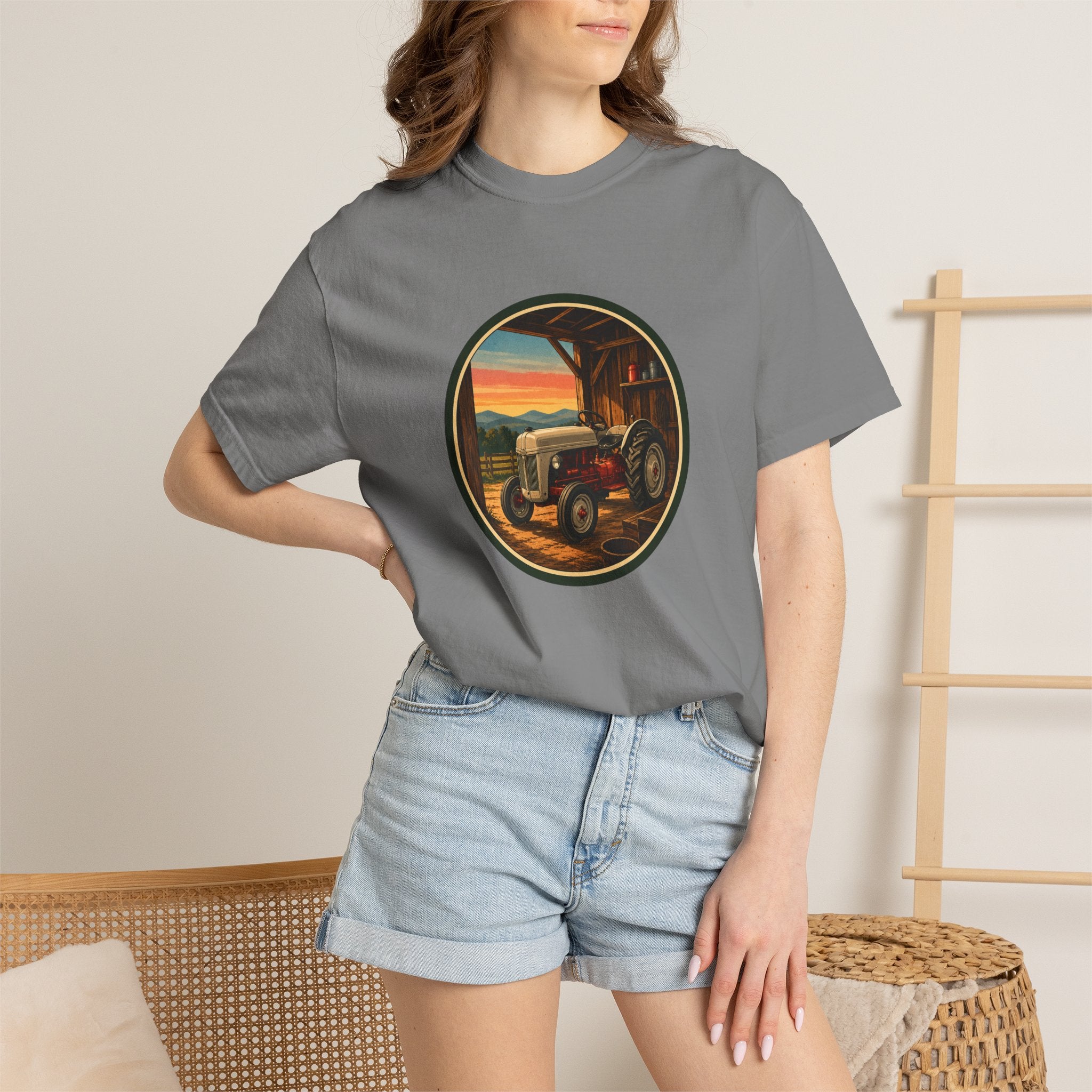 Vintage Tractor Circle T-Shirt — Rustic Farmstead Sunset Tee