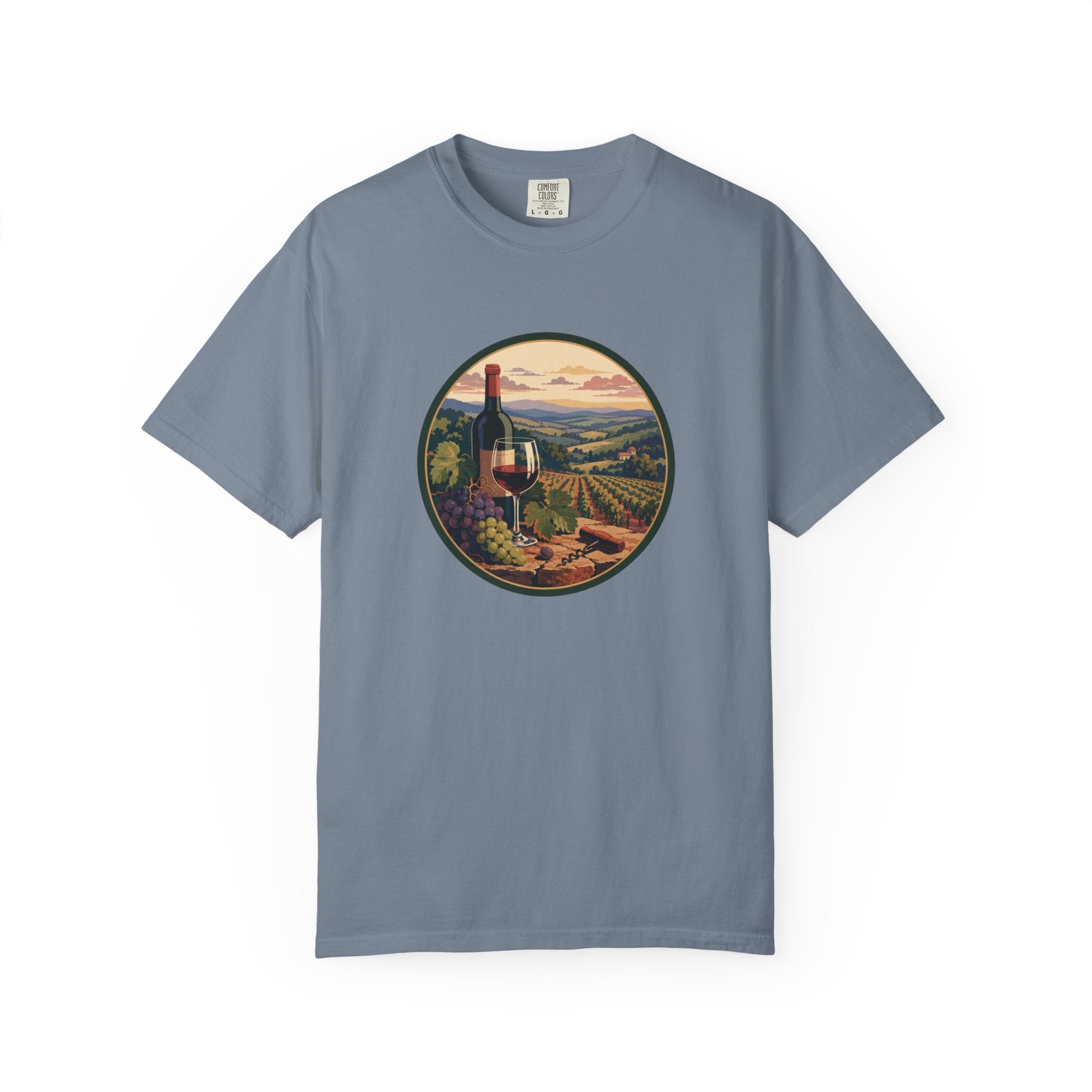 Wine Country Scenic T-Shirt – Vineyard Bottle & Sunset Graphic