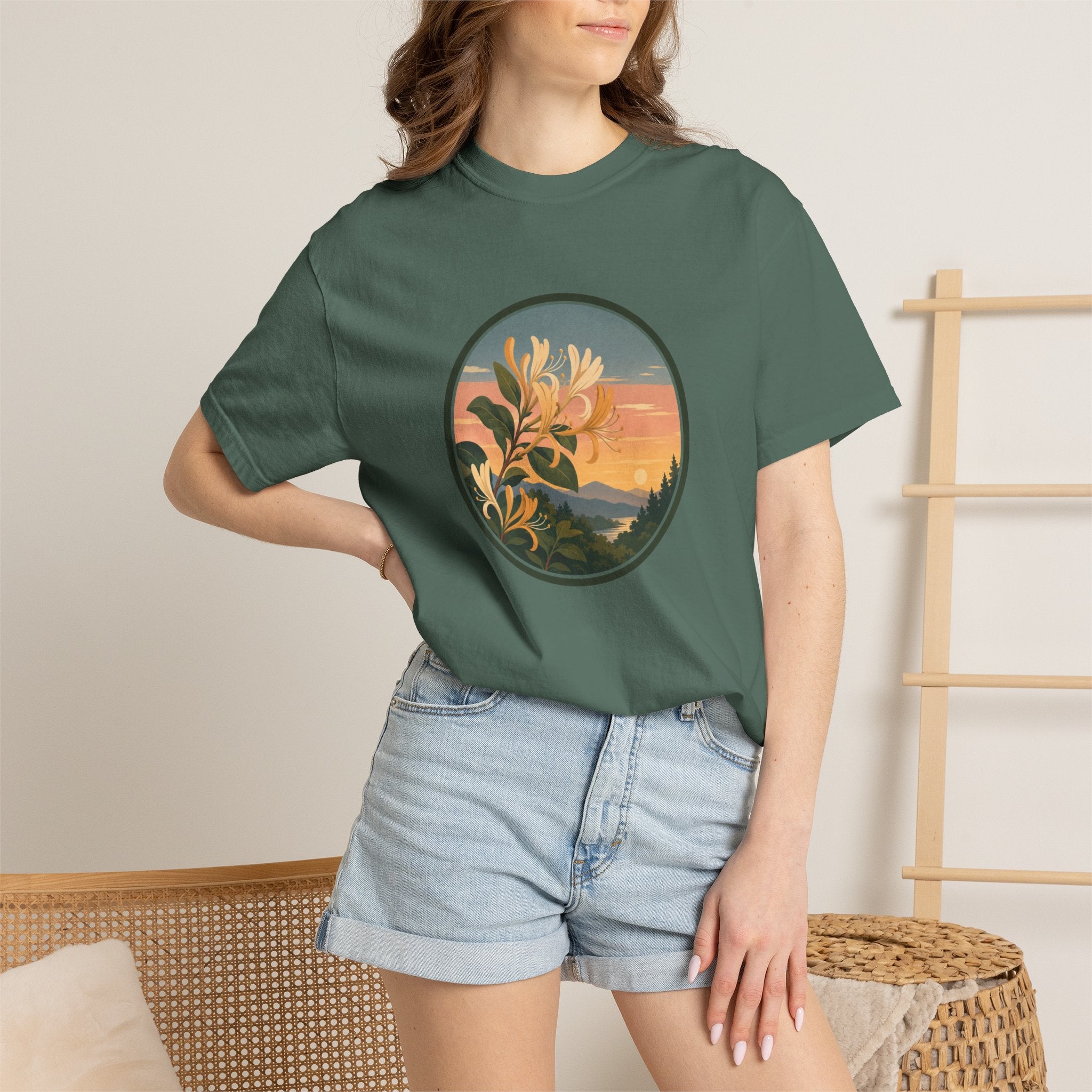 Sunset Honeysuckle T-Shirt — Floral Sunset Circle Graphic Tee