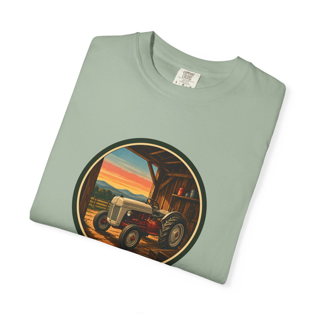 Vintage Tractor Circle T-Shirt — Rustic Farmstead Sunset Tee