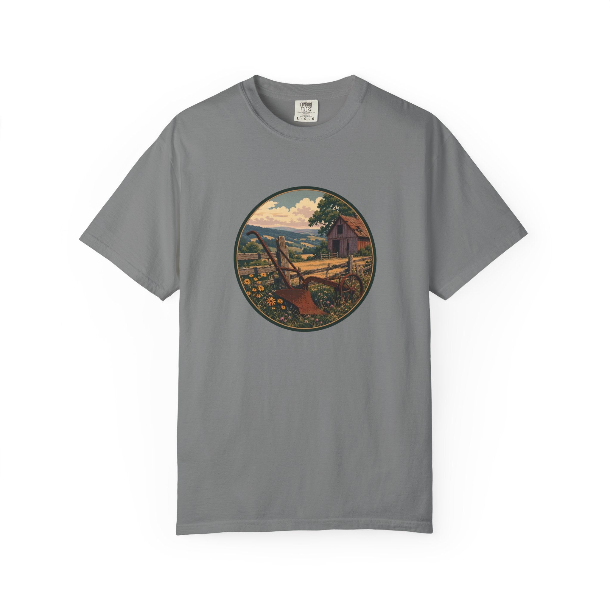 Vintage Countryside T-Shirt — Scenic Farm Landscape Graphic