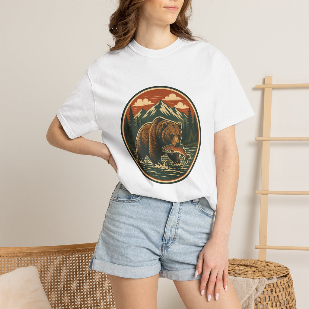 Bear Fishing Mountain T-Shirt — Retro Wilderness Outdoor Graphic Tee