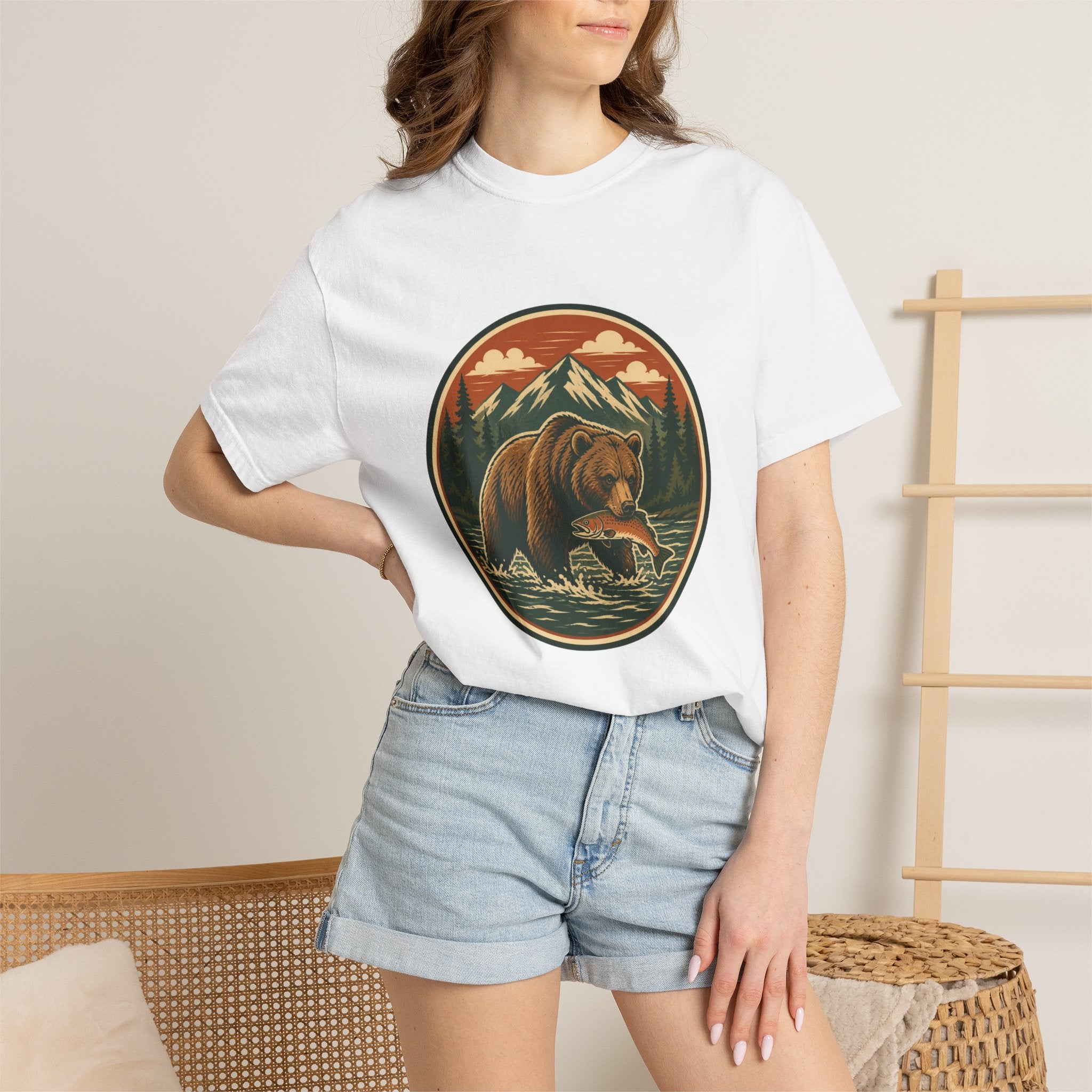 Bear Fishing Mountain T-Shirt — Retro Wilderness Outdoor Graphic Tee