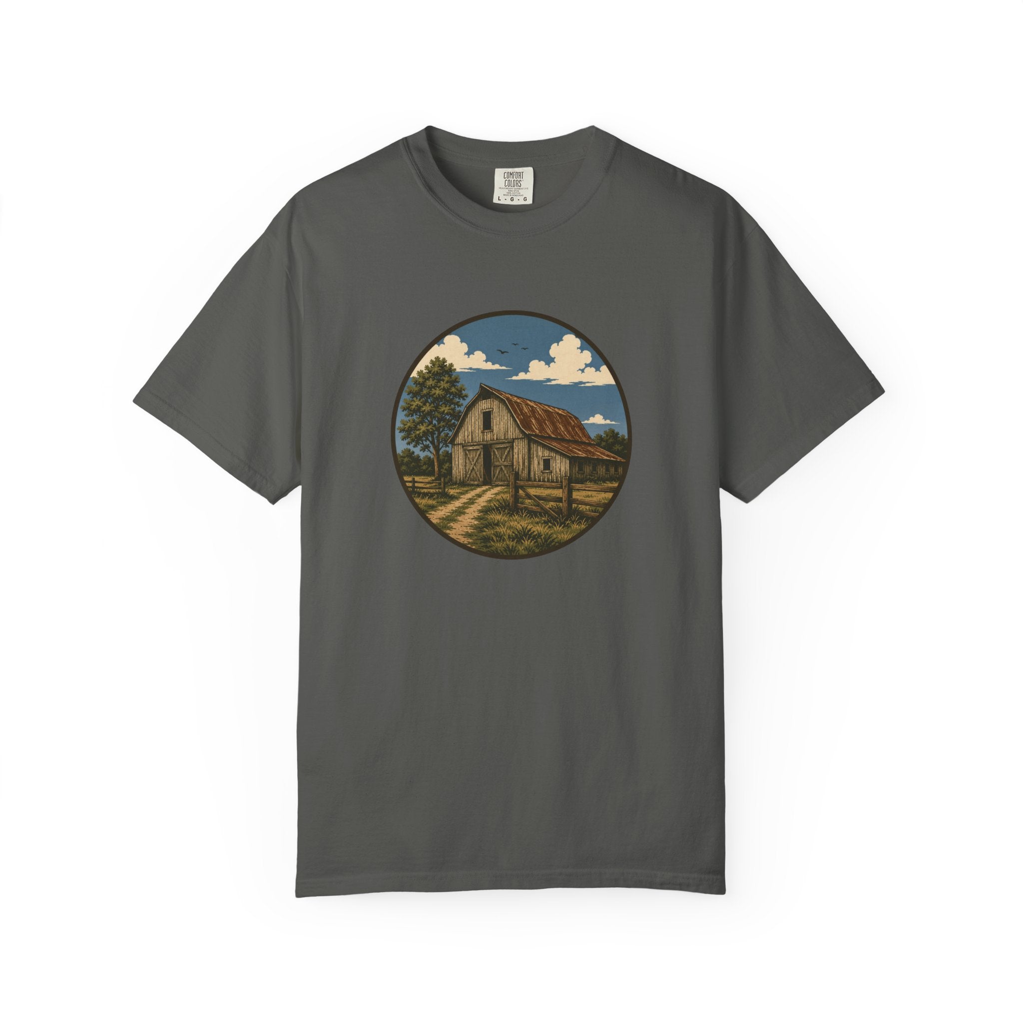 Barn Scene T-Shirt — Rustic Farmhouse Circle Graphic Tee