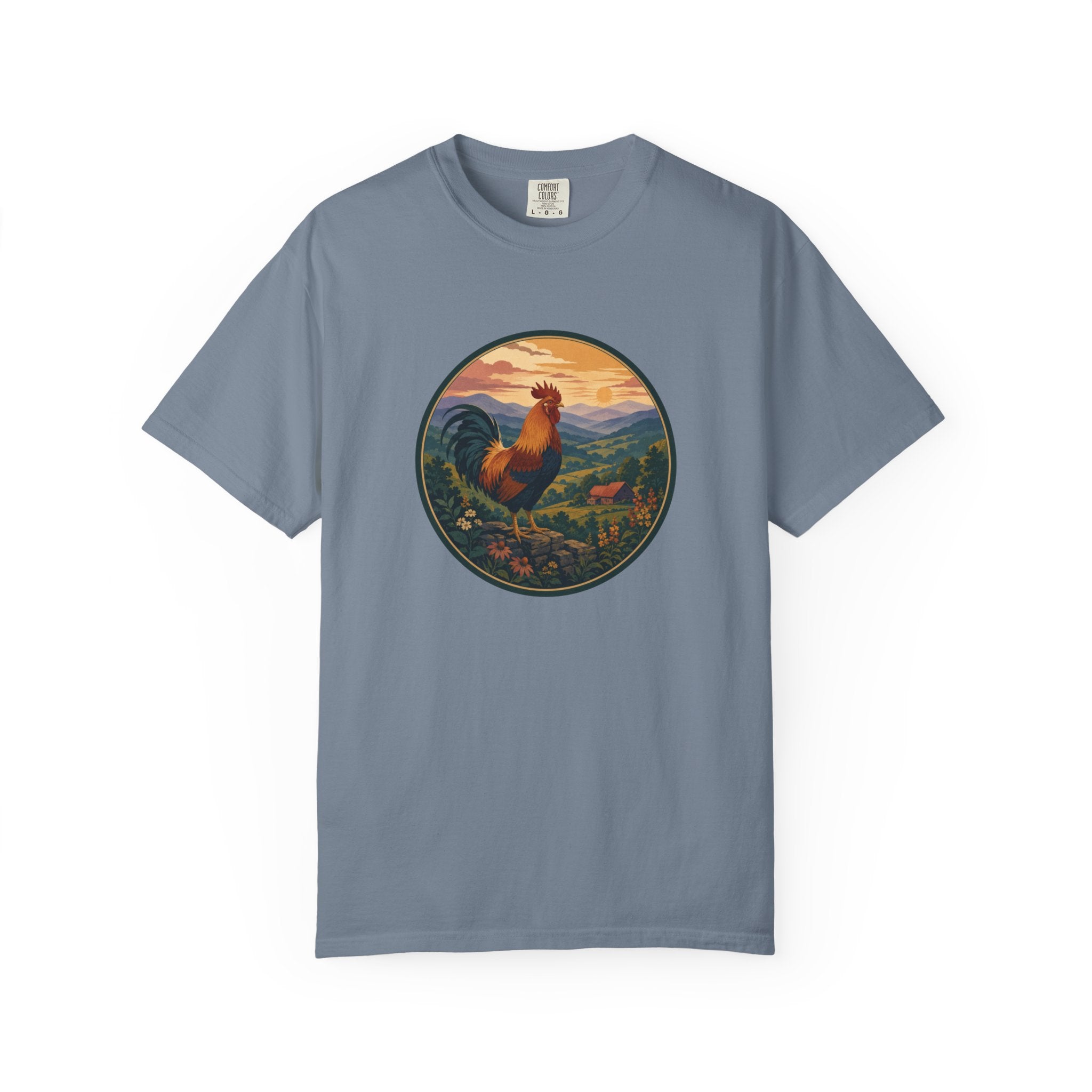 Blue Ridge Rooster Sunrise T-Shirt — Vintage Farm Scene Tee