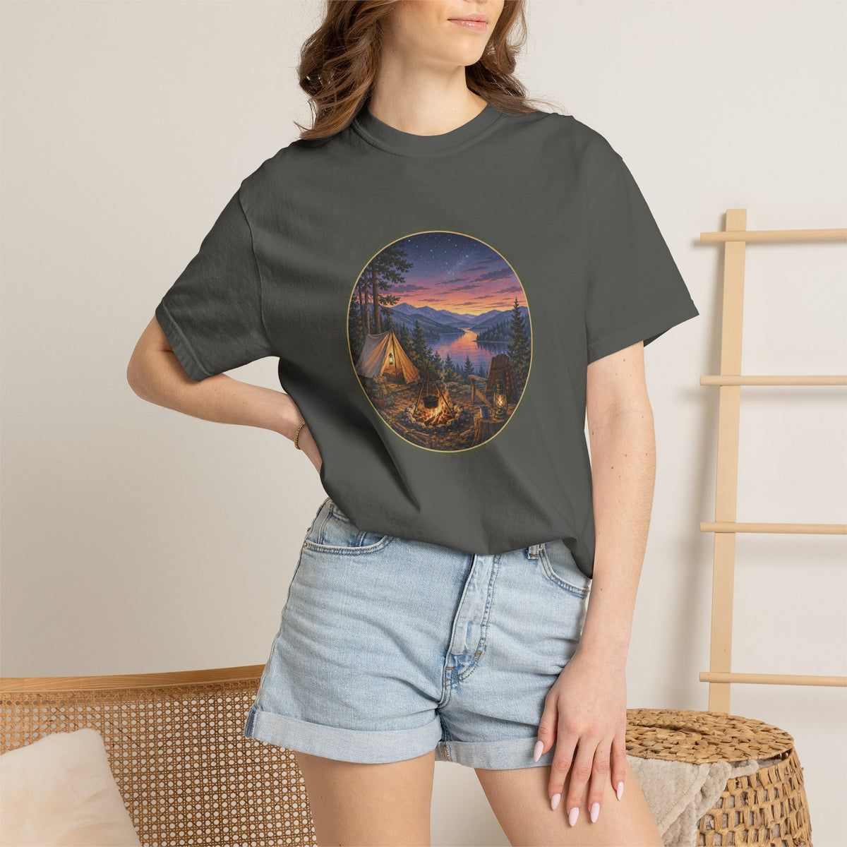 Camping Sunset T-Shirt — Riverside Campfire Night Scene