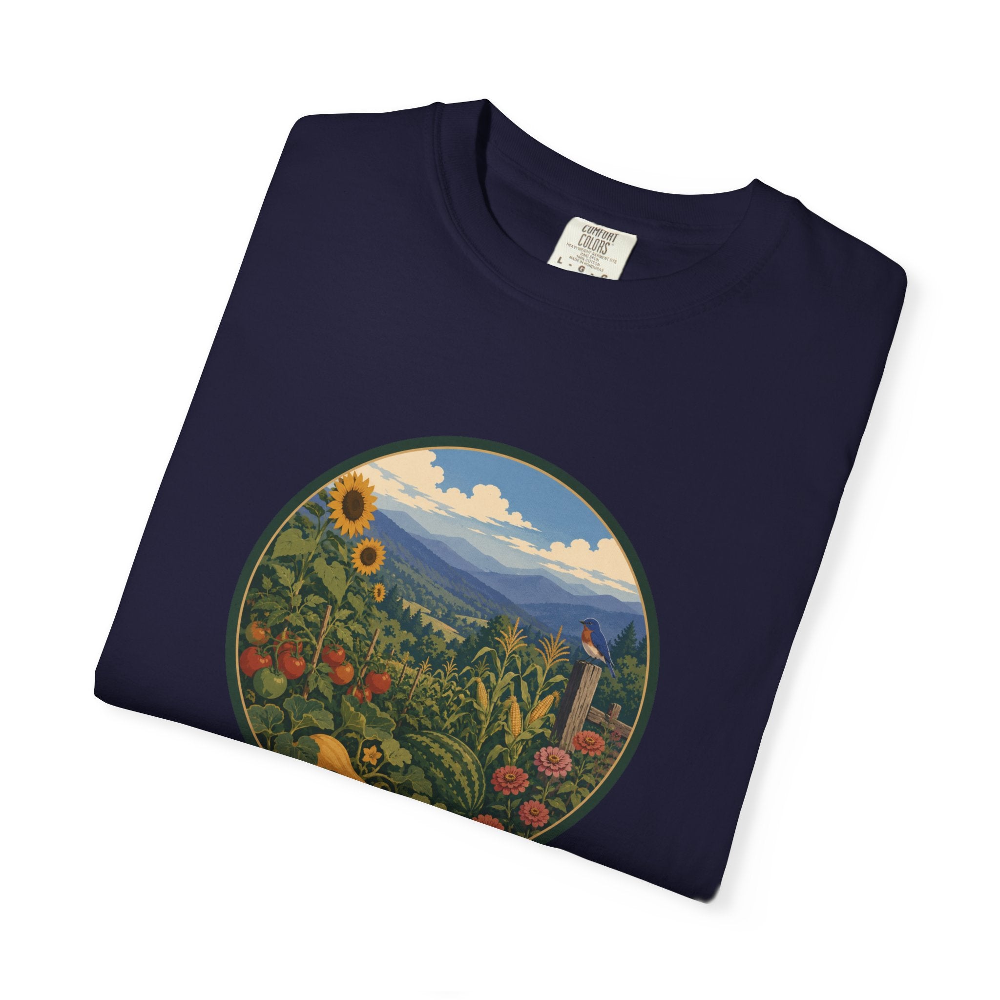 Scenic Garden Circle T-Shirt — Mountain Meadow Fresh Vegetables Graphic Tee