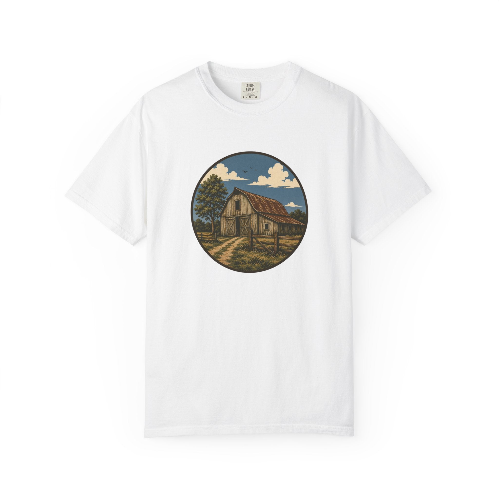 Barn Scene T-Shirt — Rustic Farmhouse Circle Graphic Tee
