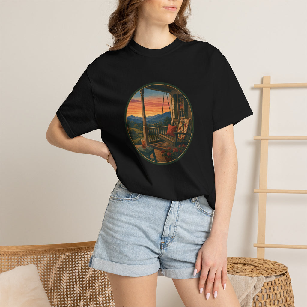 Sunset Porch Circle T-Shirt — Scenic Porch Swing Graphic Tee