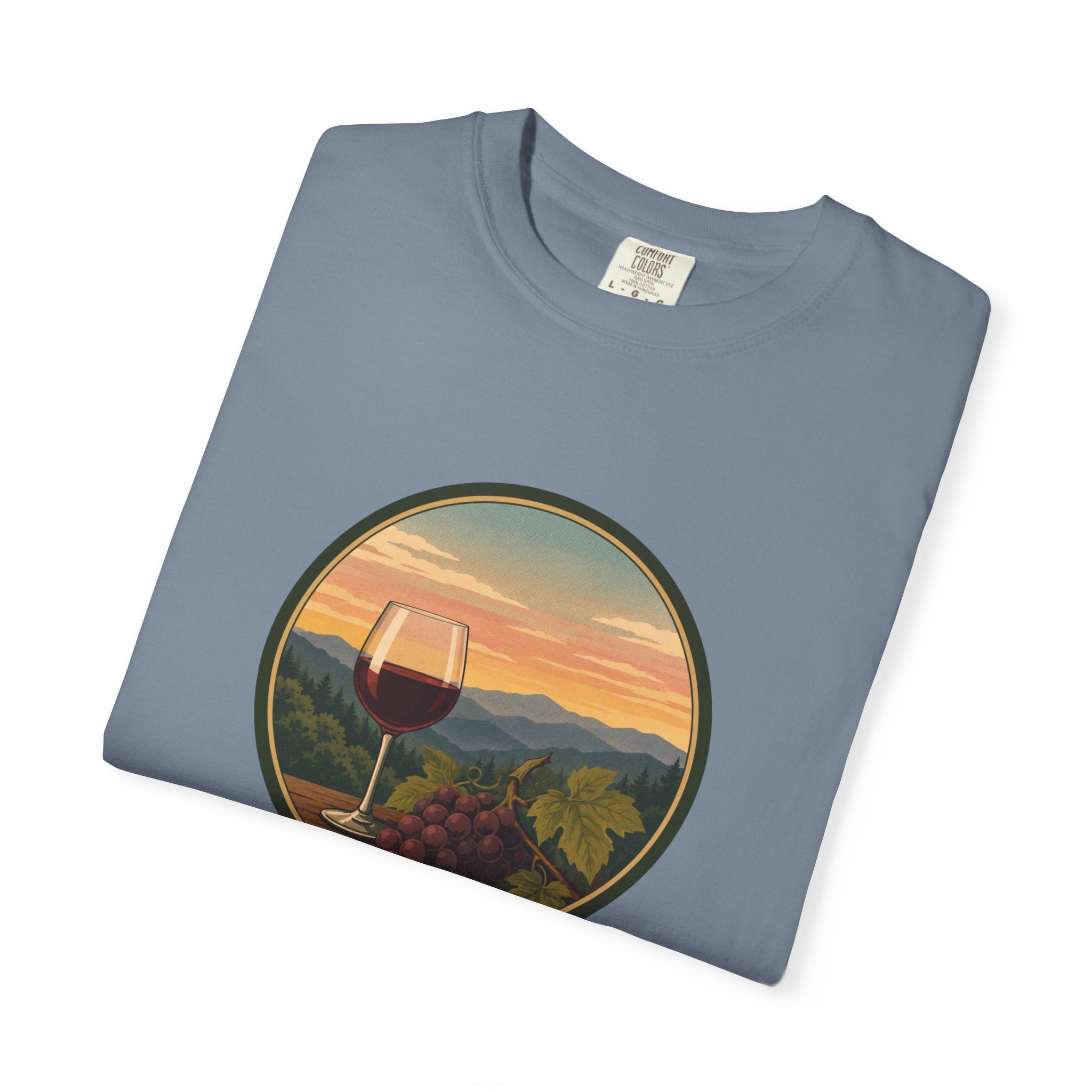 Wine Sunset T-Shirt — Vineyard Glass & Grapes Scenic Tee