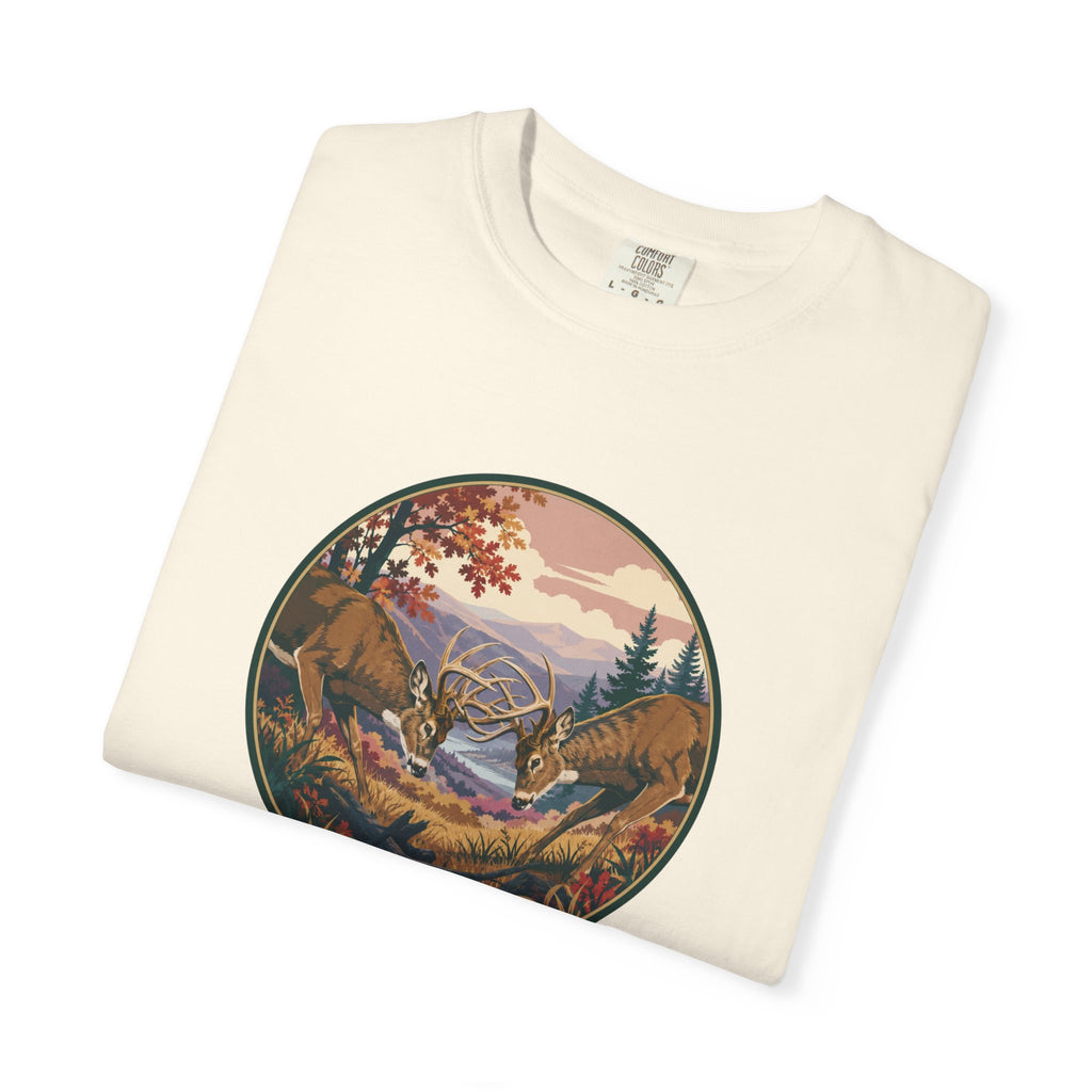 Scenic Wilderness Circle T-Shirt — Mountain Camping & Deer Nature Graphic